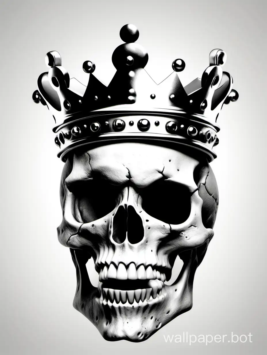 laugh skull wearing a crown, high contrast, monochromatic, white background
