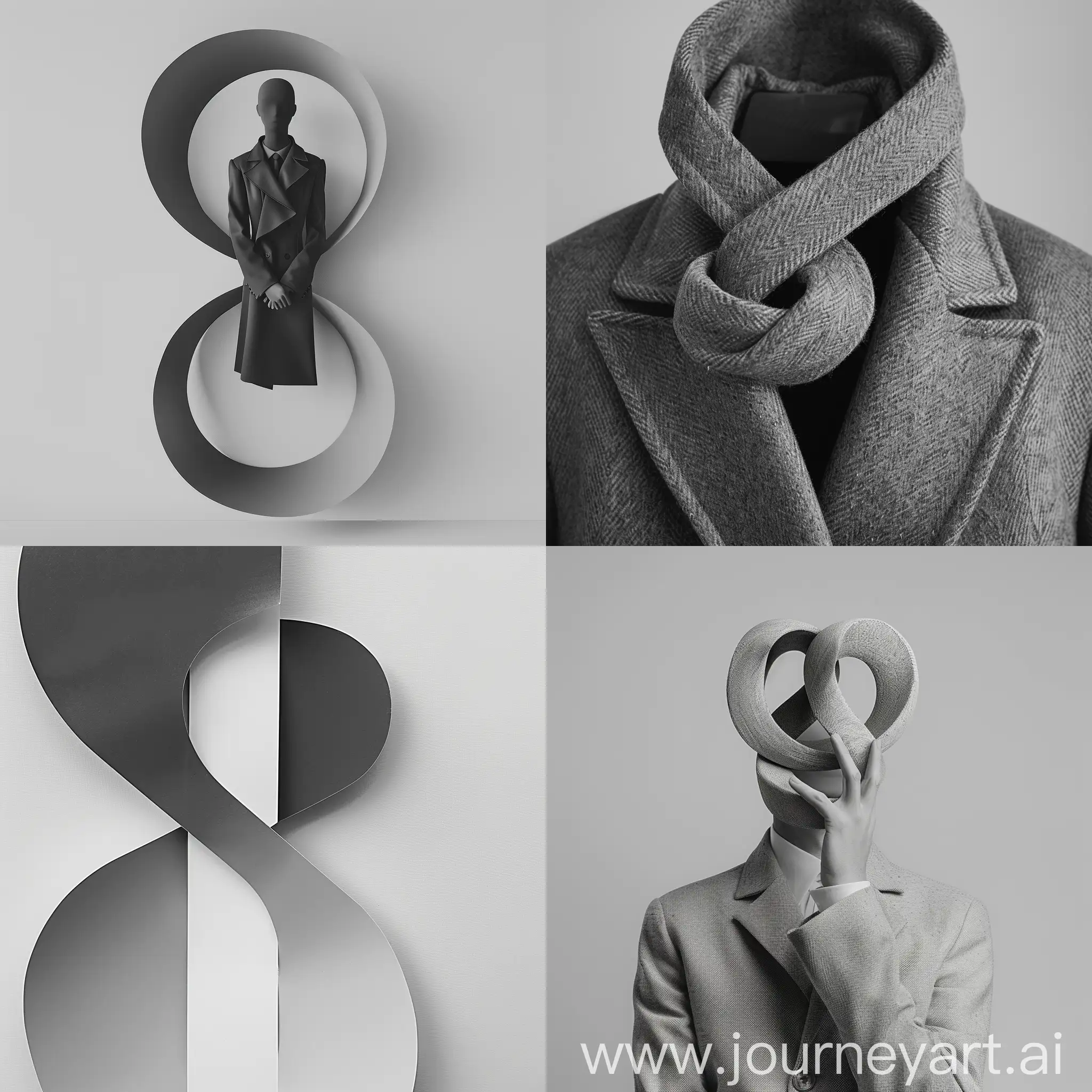 figure 8 of colors, stylish magazine black and white photo, light gray uniform background