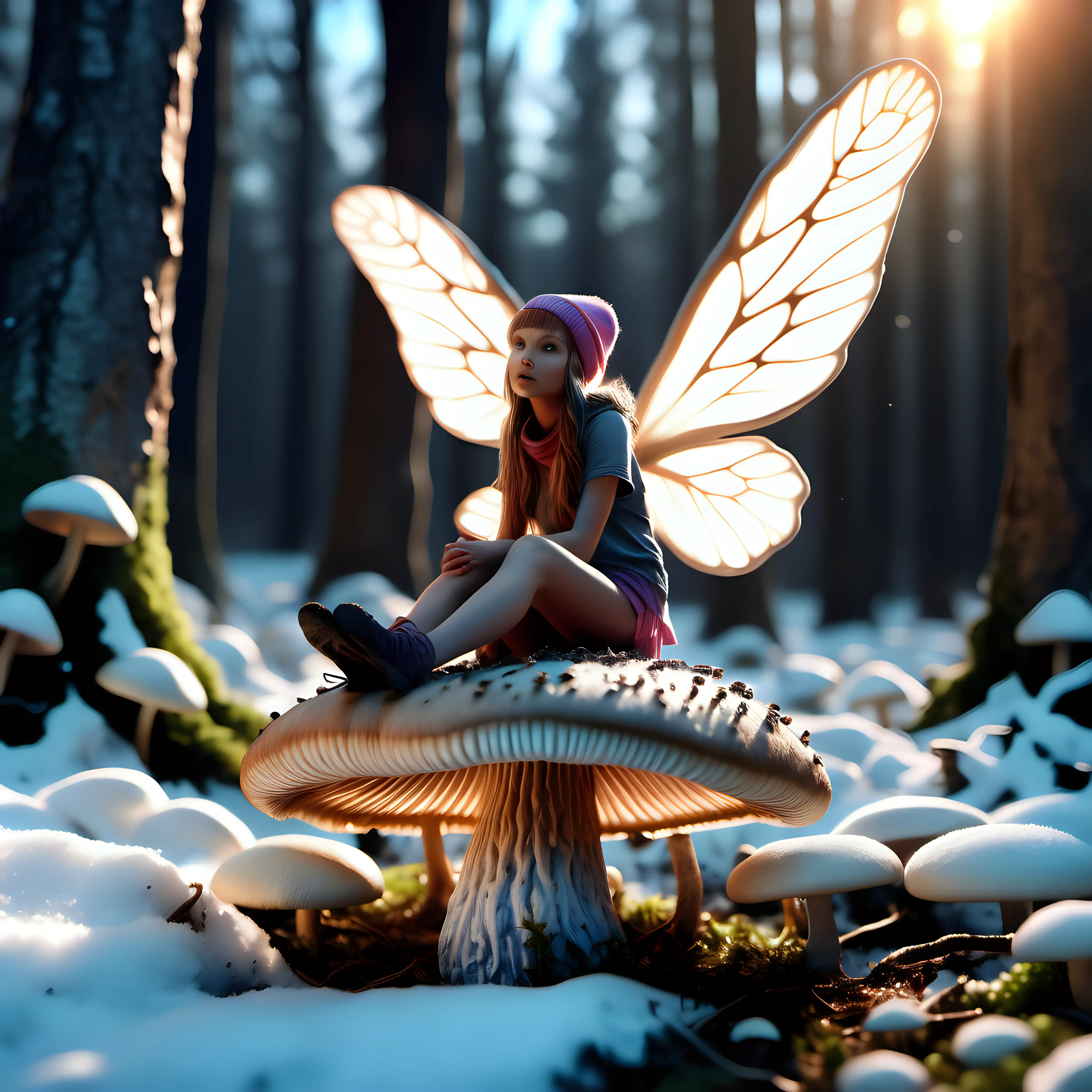 Realistic, detailed mushroom in a snowy forest floor. A tiny fantasy elver girl with wings on her back is sitting on top of mushroom, inspired from fairy tale, trees surrounding, 1080p resolution, downlight, volumetric light, sunset, ultra 4k
