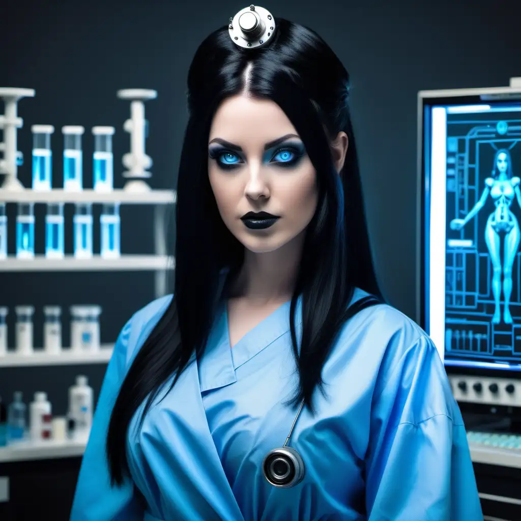 Portrait of a beautiful member of the Adepta Sororitas, wearing a blue hospital gown with shoulderlength straight jet black hair, blue eyes, standing with a laboratory in the background of image. A mind control device is on her head.