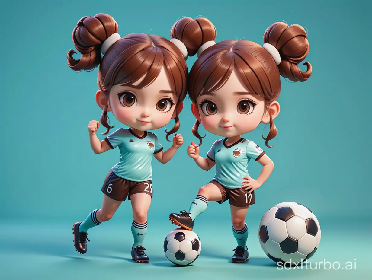 Q version girl, holding coffee, stepping on a soccer ball, with two buns on her head, bangs, in a 3D cartoon style