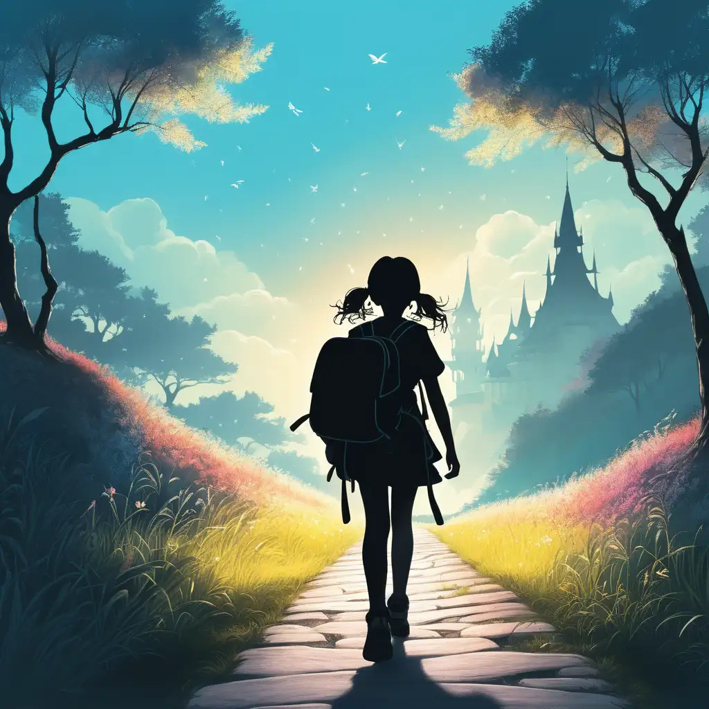Back view, silhouette of a warrior girl walking on a path with a backpack, on the way to school, illustrated style, magic in the air, fantasy, colorful