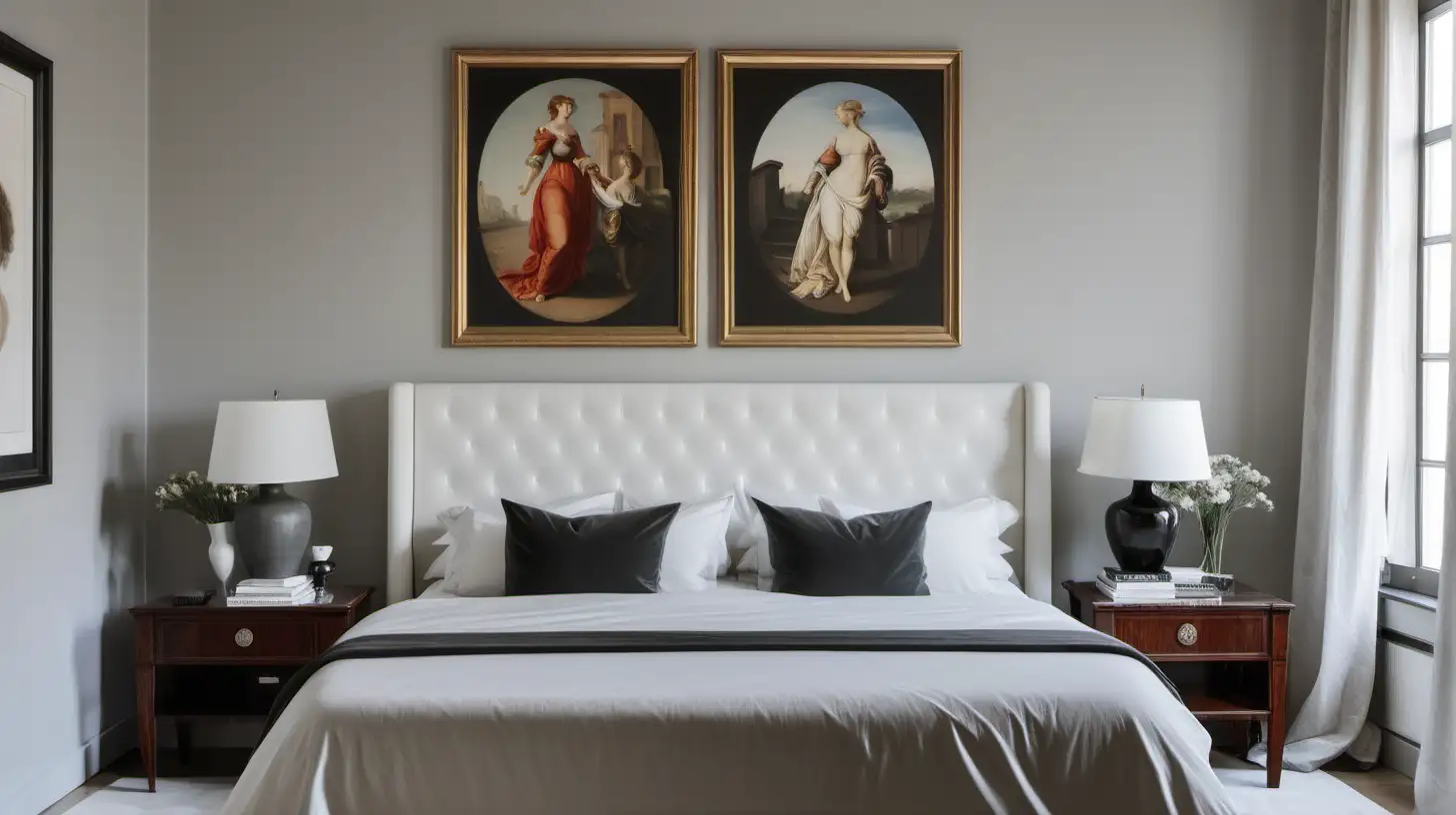 欧式风格卧室，床上面放两幅画
