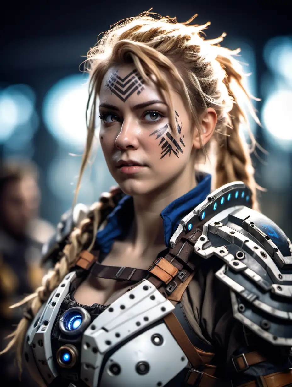 Beautiful Nordic woman, very attractive face, detailed eyes, big breasts, slim body, dark eye shadow, messy blonde hair, wearing a Horizon Zero Dawn armor cosplay outfit, holding a weapon, bust shot, bokeh background, soft light on face, rim lighting, facing away from camera, looking back over her shoulder, watchers in the background, Illustration, very high detail, extra wide photo, full body photo, aerial photo