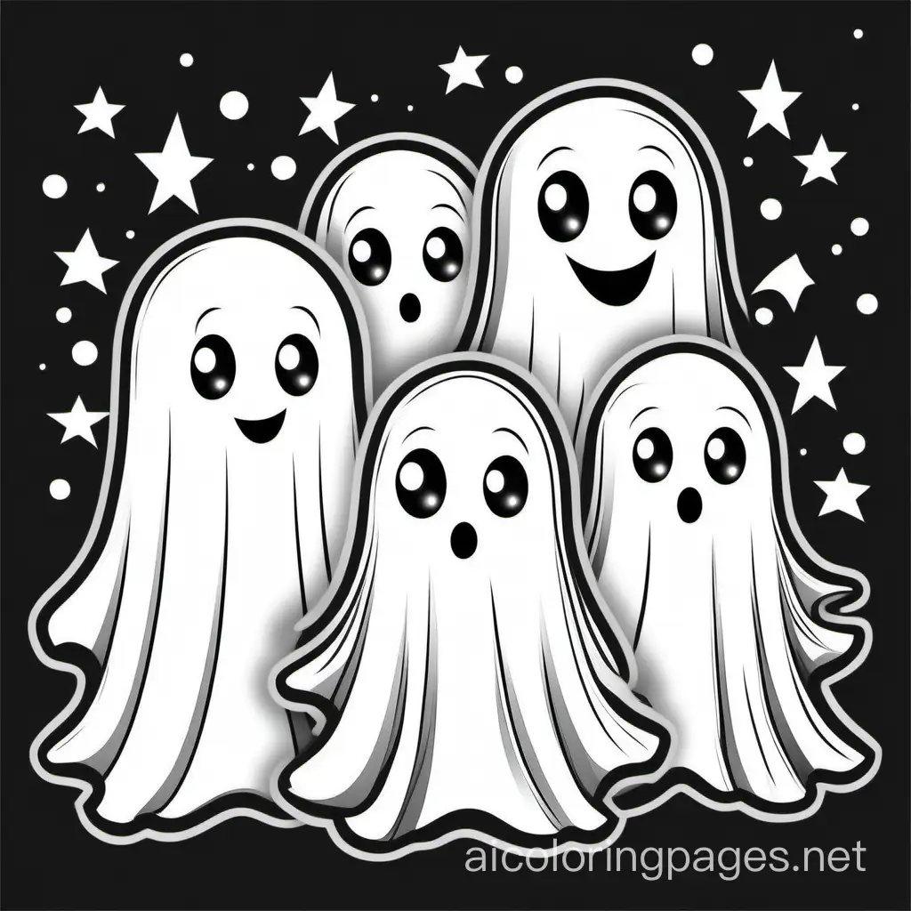 cute ghosts with big, innocent eyes, Coloring Page, black and white, line art, white background, Simplicity, Ample White Space. The background of the coloring page is plain white to make it easy for young children to color within the lines. The outlines of all the subjects are easy to distinguish, making it simple for kids to color without too much difficulty