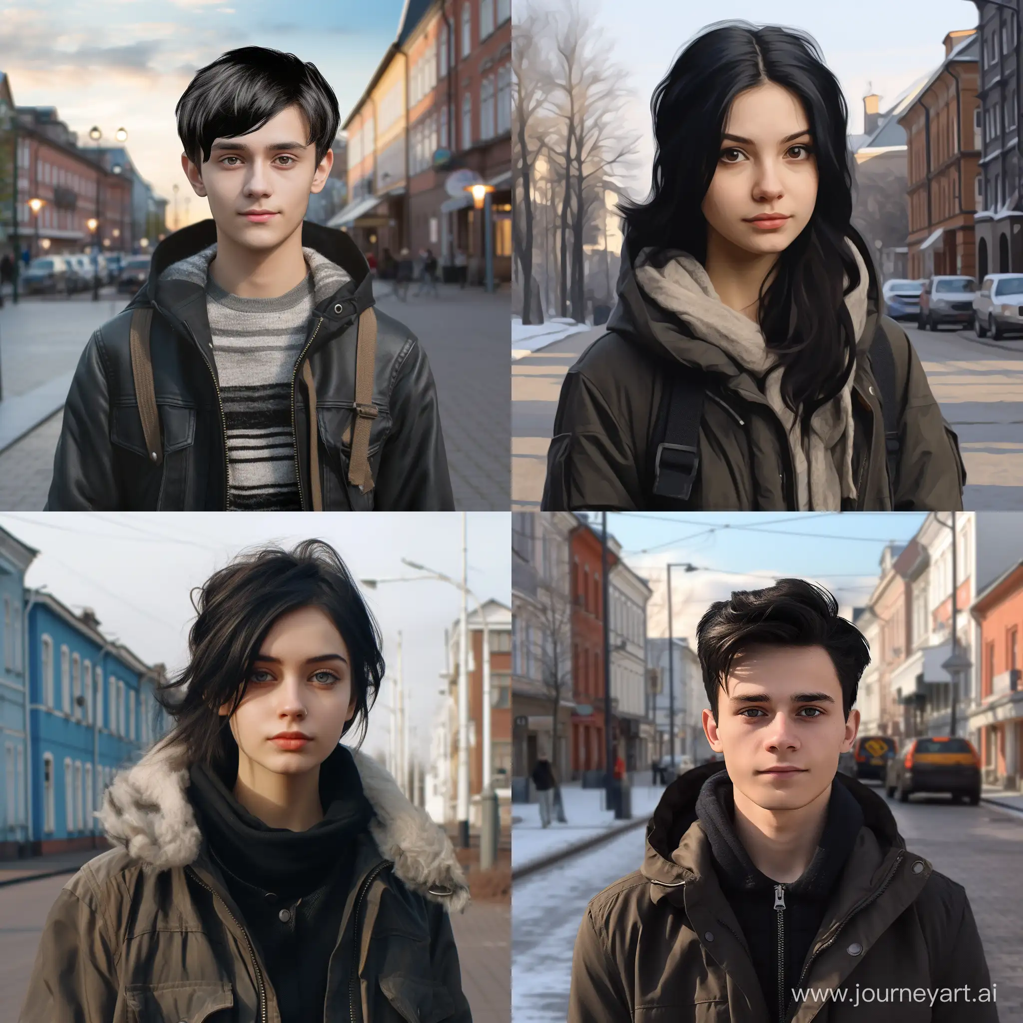Generate a realistic image of a young person with black hair and light clothing in the city of Kaliningrad.