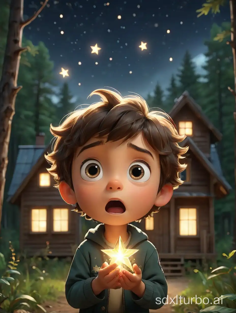 一个可爱的小男孩，双手捧发光的星星。他看着星星，表情惊喜。背景:森林小木屋。