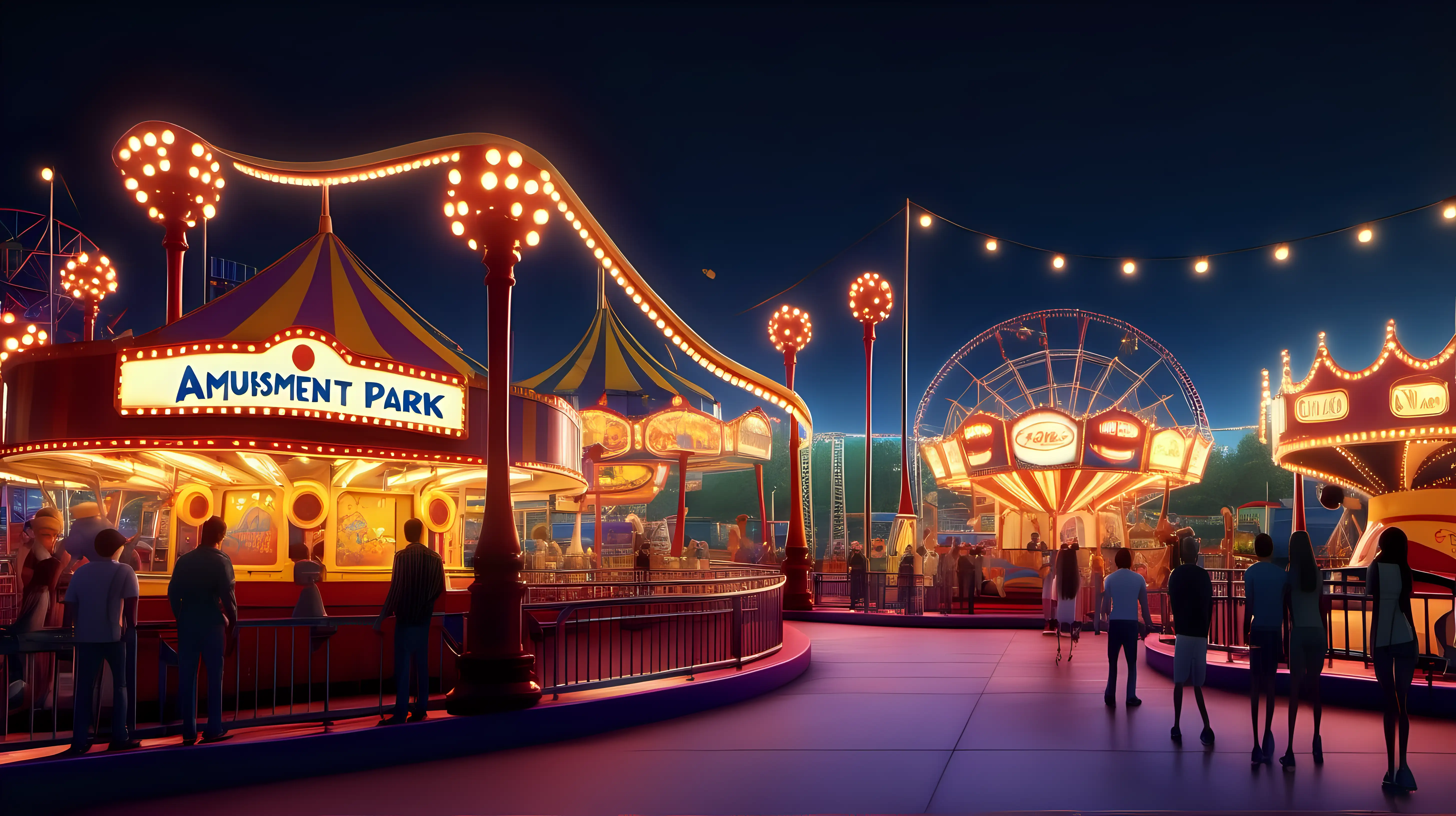 amusement park with stands at night pixar style