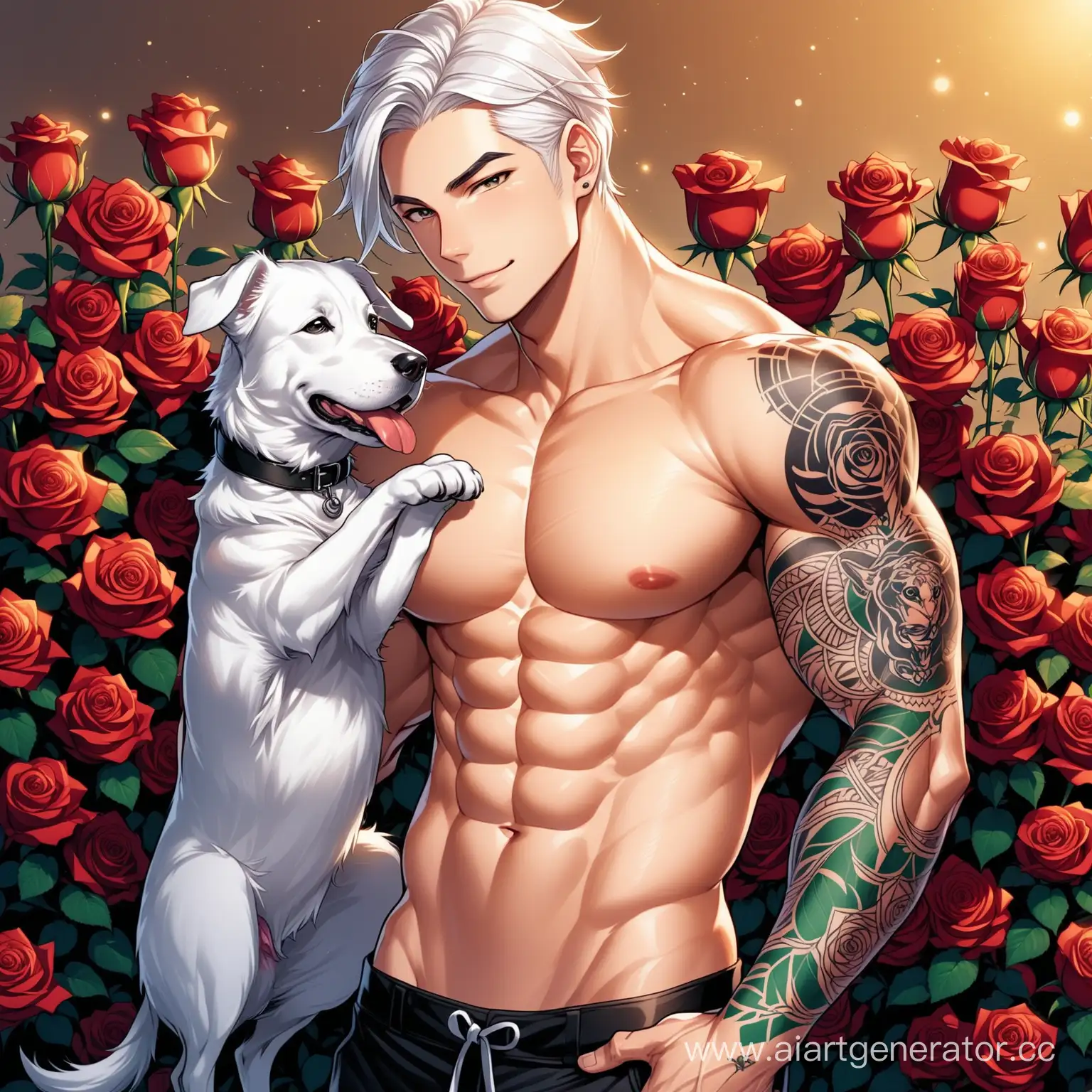 Парень, рост 1м 90 см, физик, накаченный, с татуировкой на правой руке, любит розы, богат, заботлив, верный, белые волосы, светлая кожа, любит собак