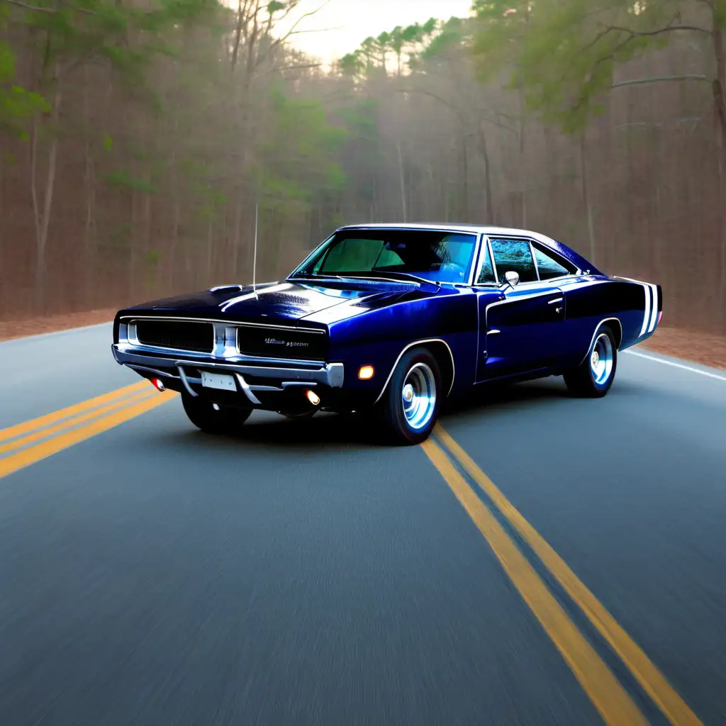 navy blue pacific blue striped Dodge Charger, Georgia woods, road, day