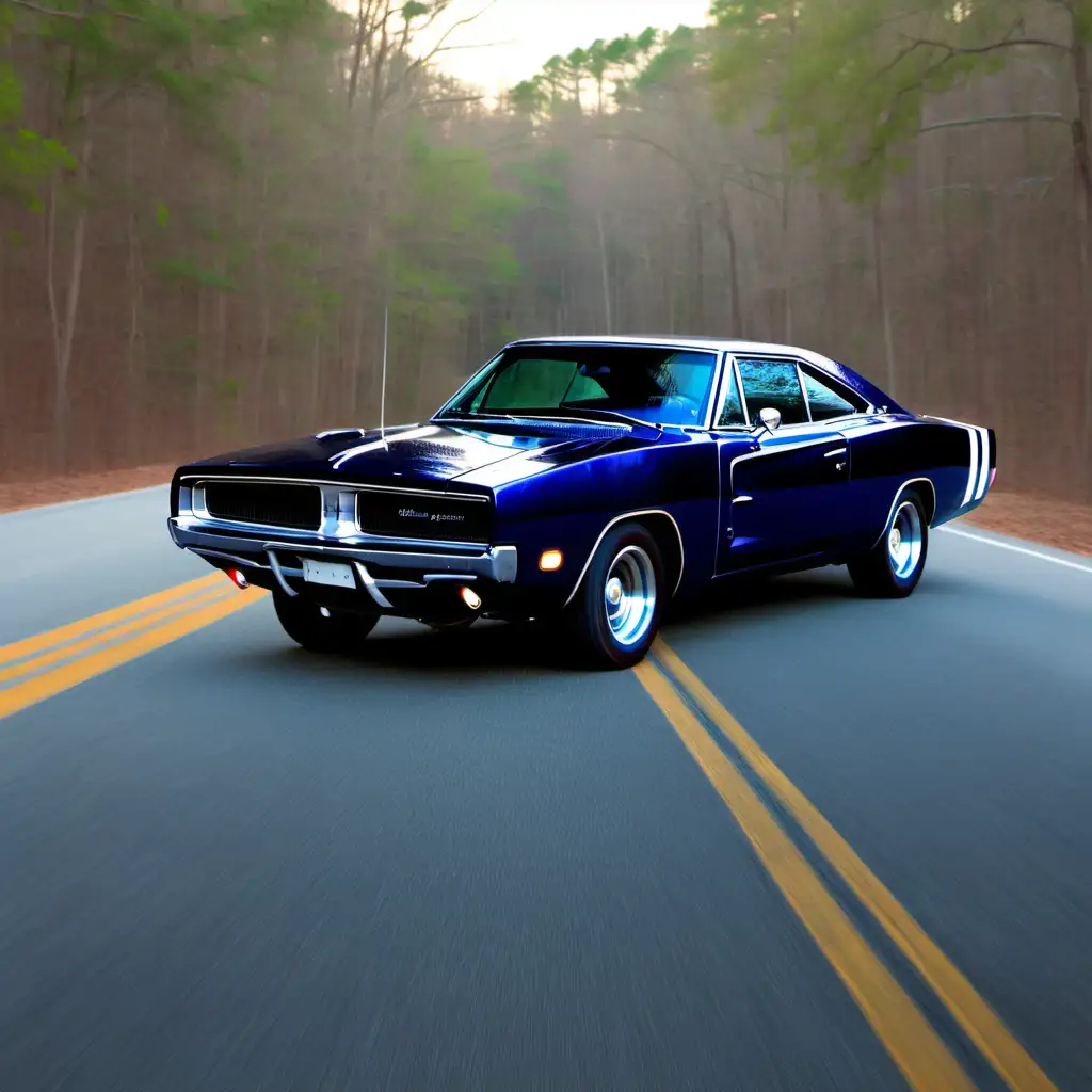 Sleek Navy Blue Dodge Charger Cruising Through Georgia Woods