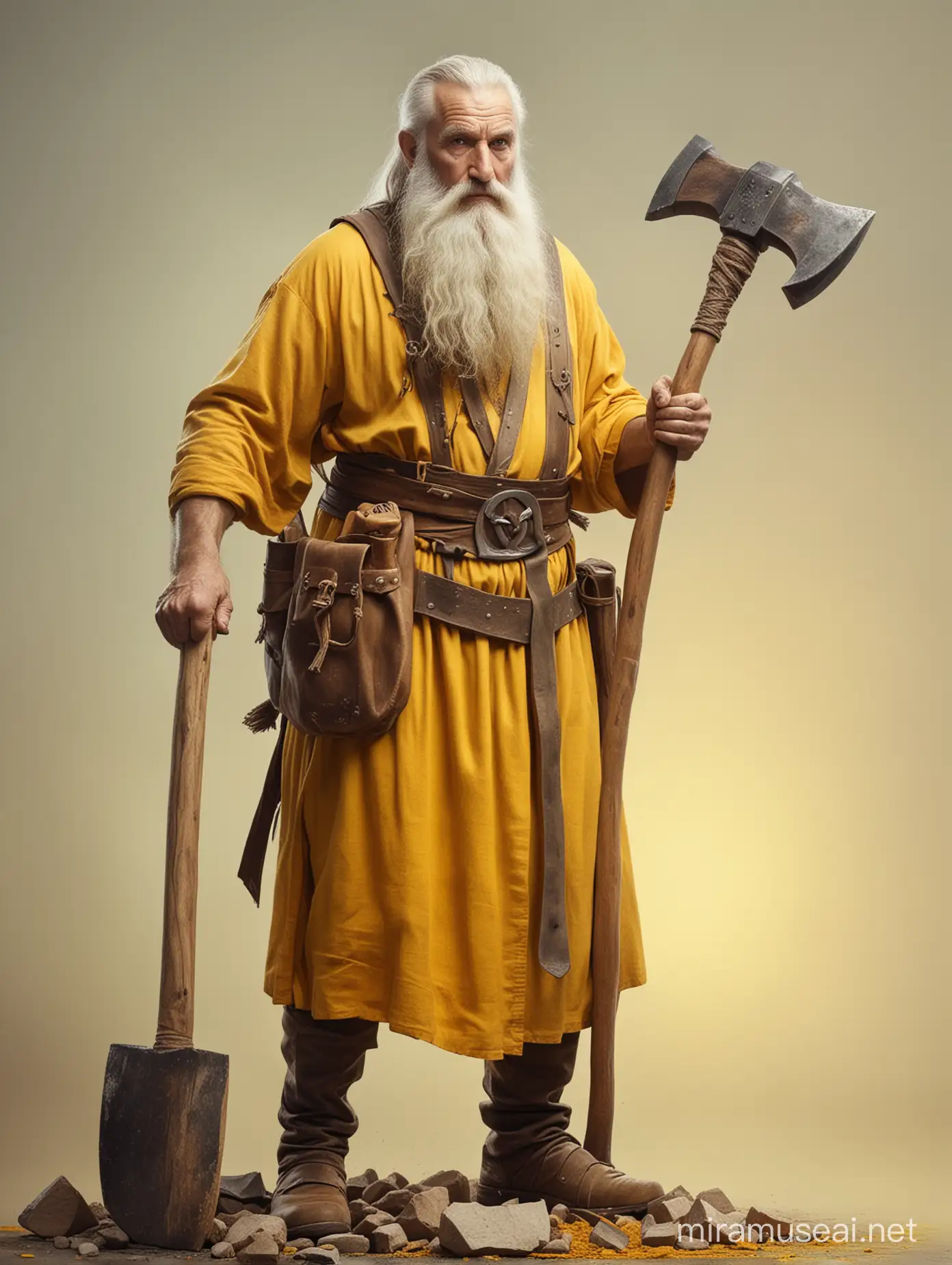 God of labor, yellow color, old bearded man with axe and hammer, fantasy god