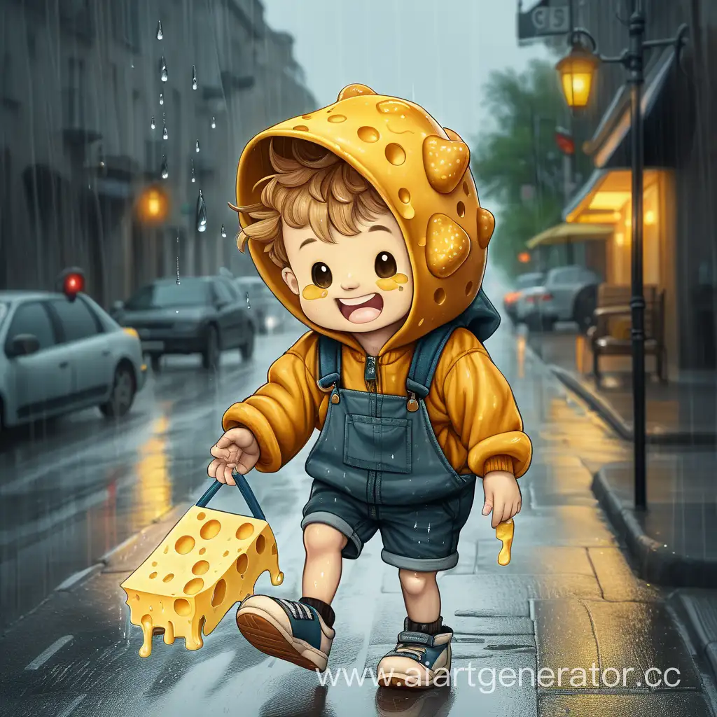 Мальчик с лицом сыра идёт по улице в дождь