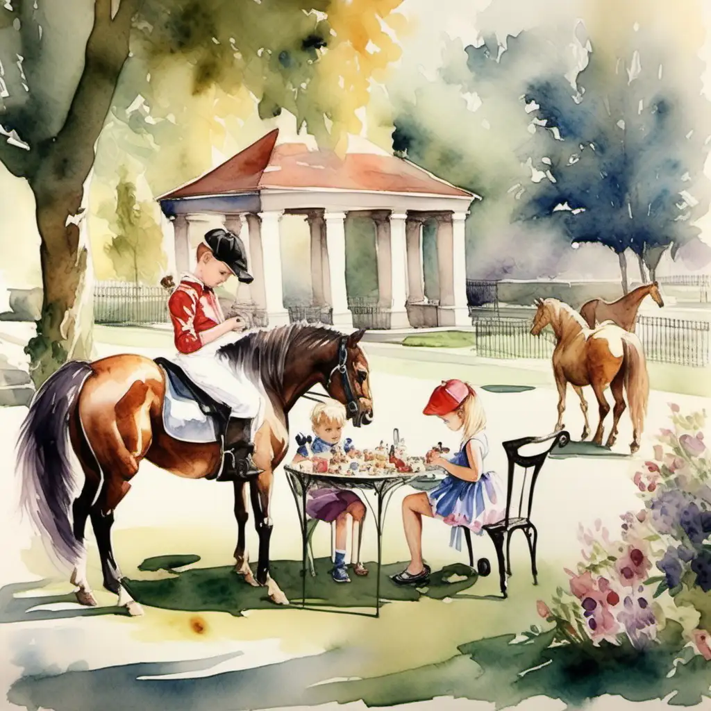 A watercolor painting, old fashioned style, ponies eating and playing games, watercolor, beautiful park, Bruno Amadio style, G. Bragolin style