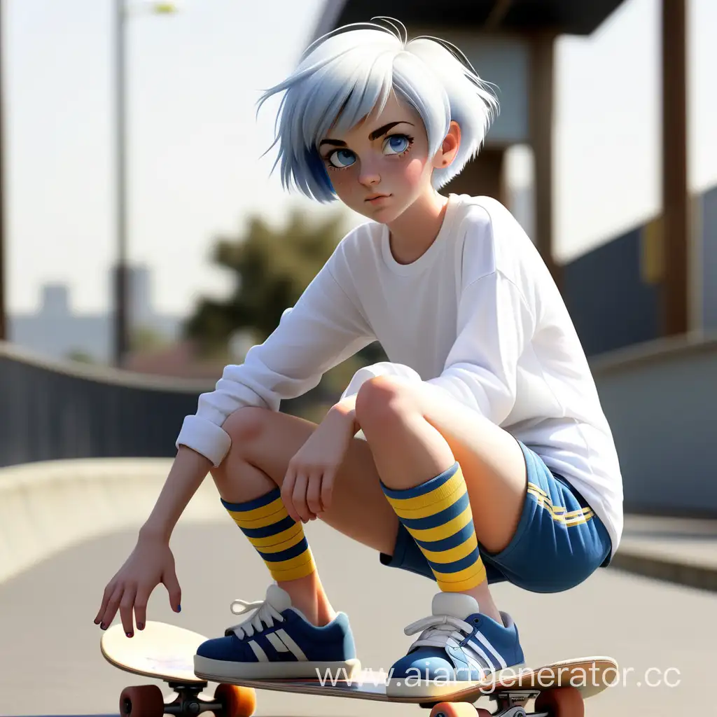 девочка лет 18 , белая рубашка с длинными рукавами  , короткие голубые шорты, голубые кеды, светлые короткие волосы, жёлтые глаза, полосатые лосины, на скейте