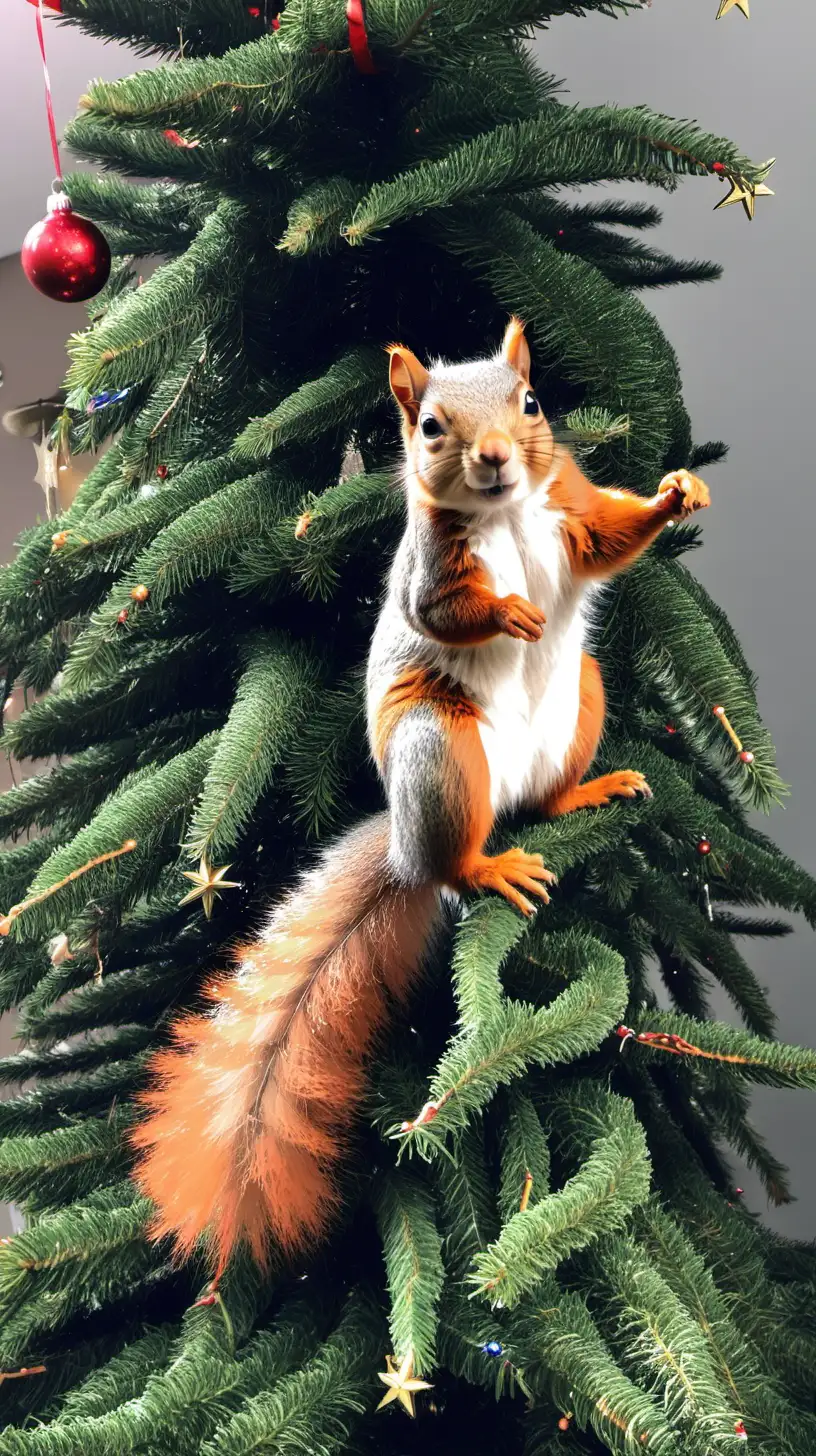 Süßes Eichhörnchen, das auf einem Weihnachtsbaum balanciert