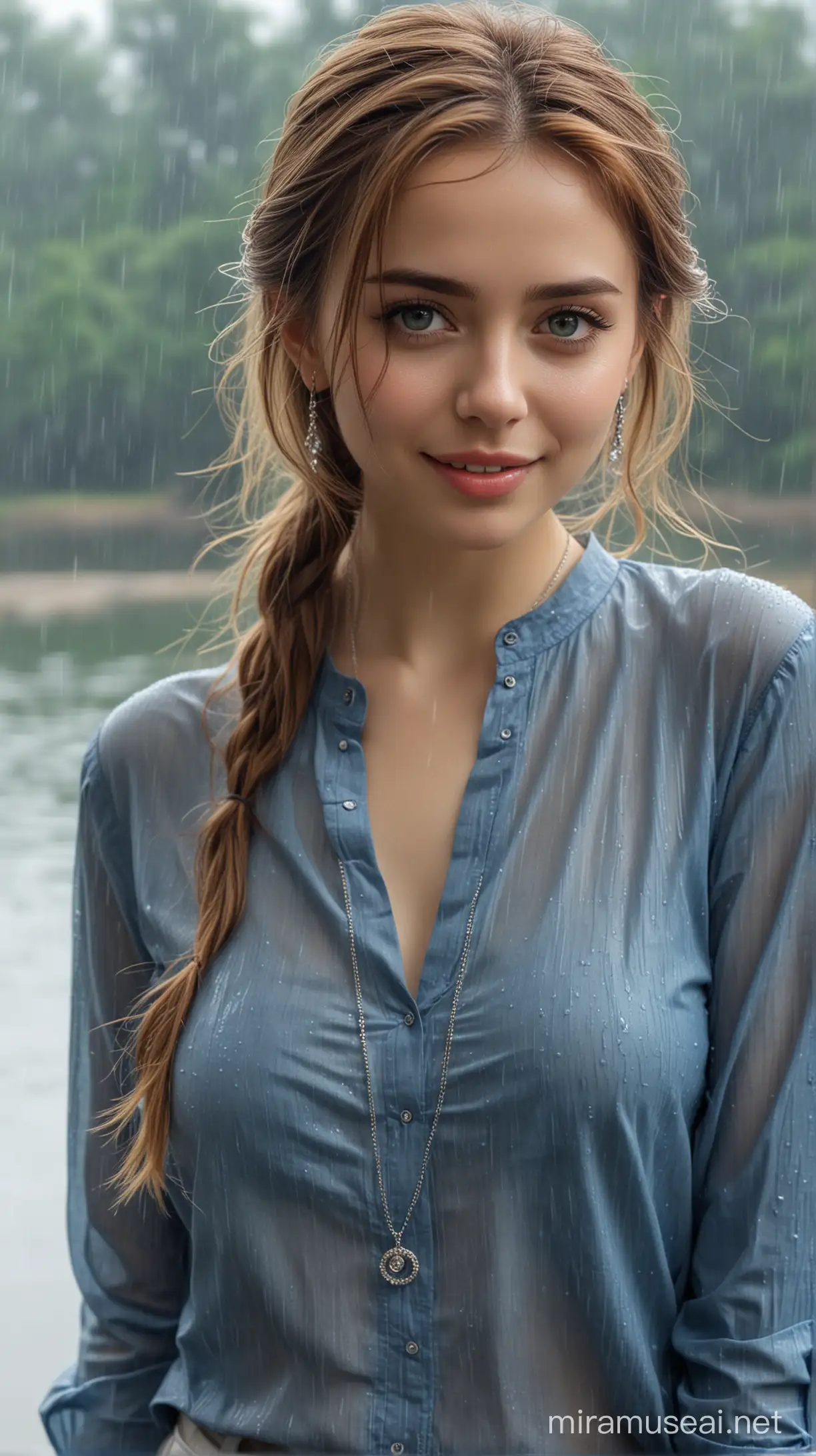 Beautiful Woman Enjoying Rainy Serenity by the Lake