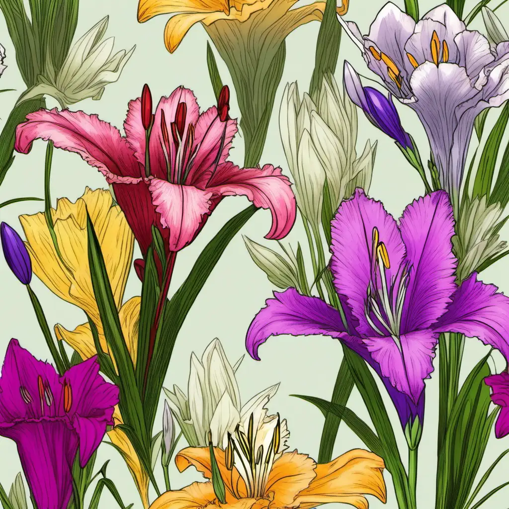 Create me a background image of lillies, Crocus', Hyssop and dianthus'.