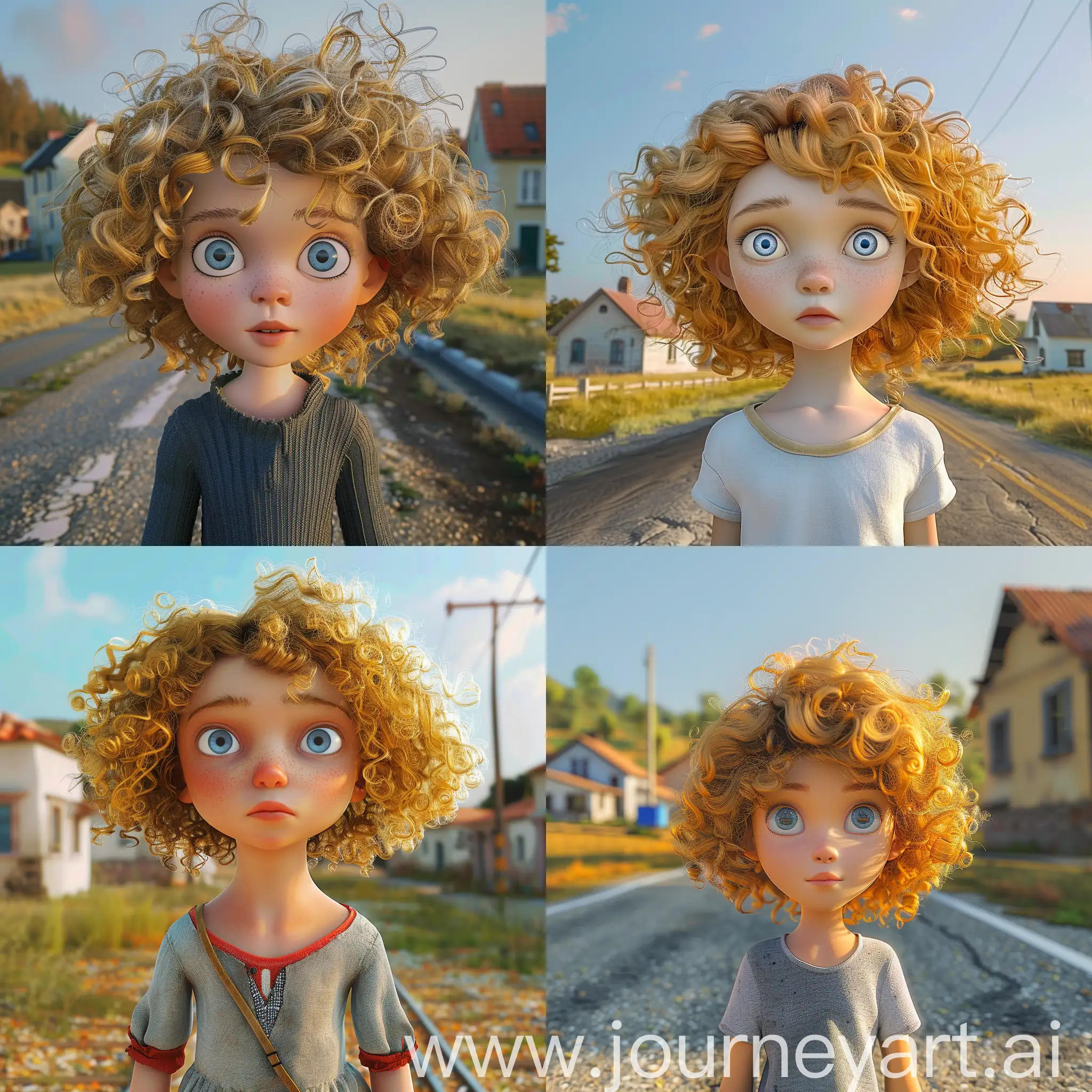 6岁女孩，金色卷发，蓝眼睛，站在小镇郊外，上半身正面拍摄，皮克斯风格