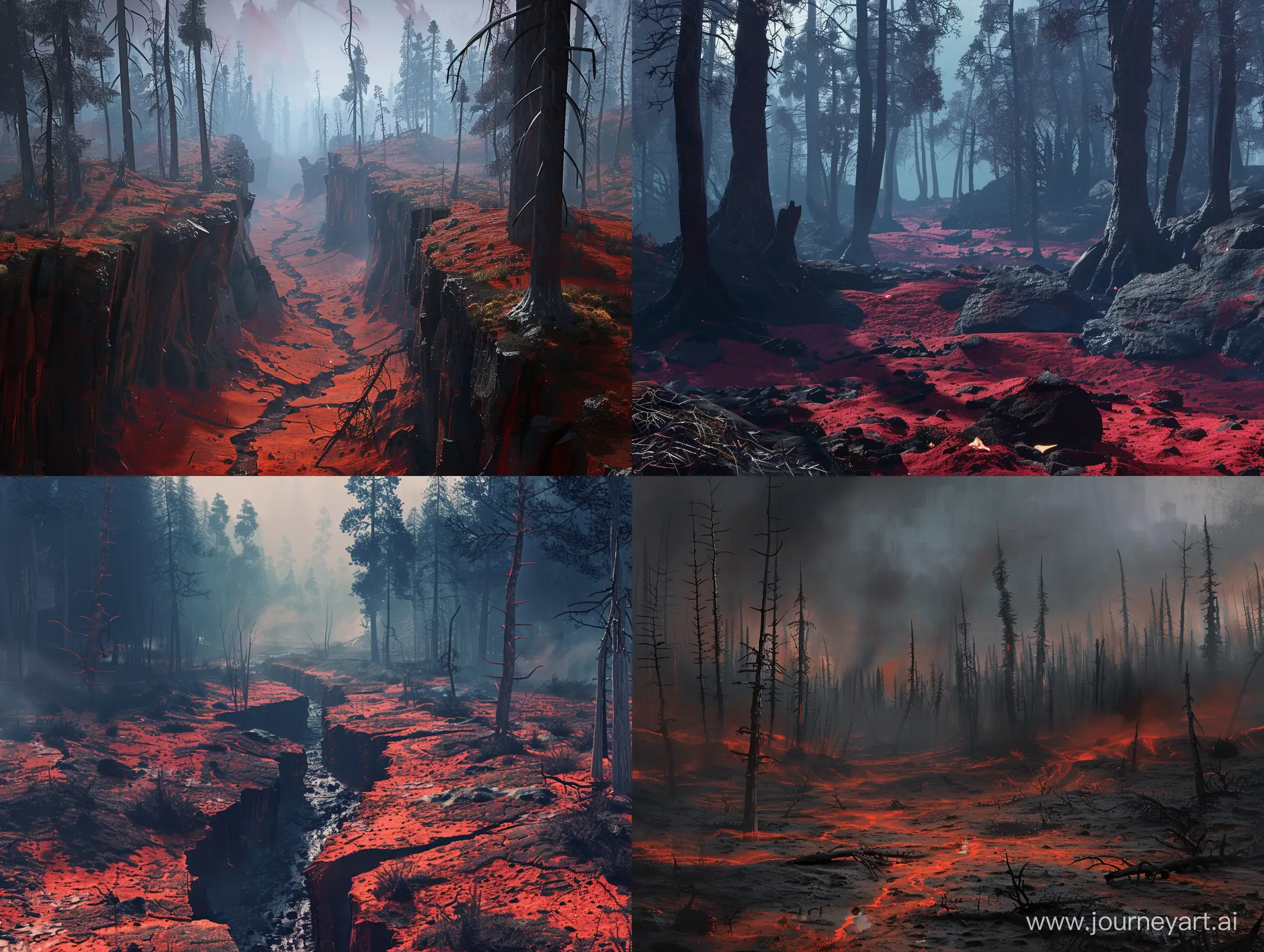 concept art, unreal engine, parched forests , red uneven l rift emptiness, , dark style