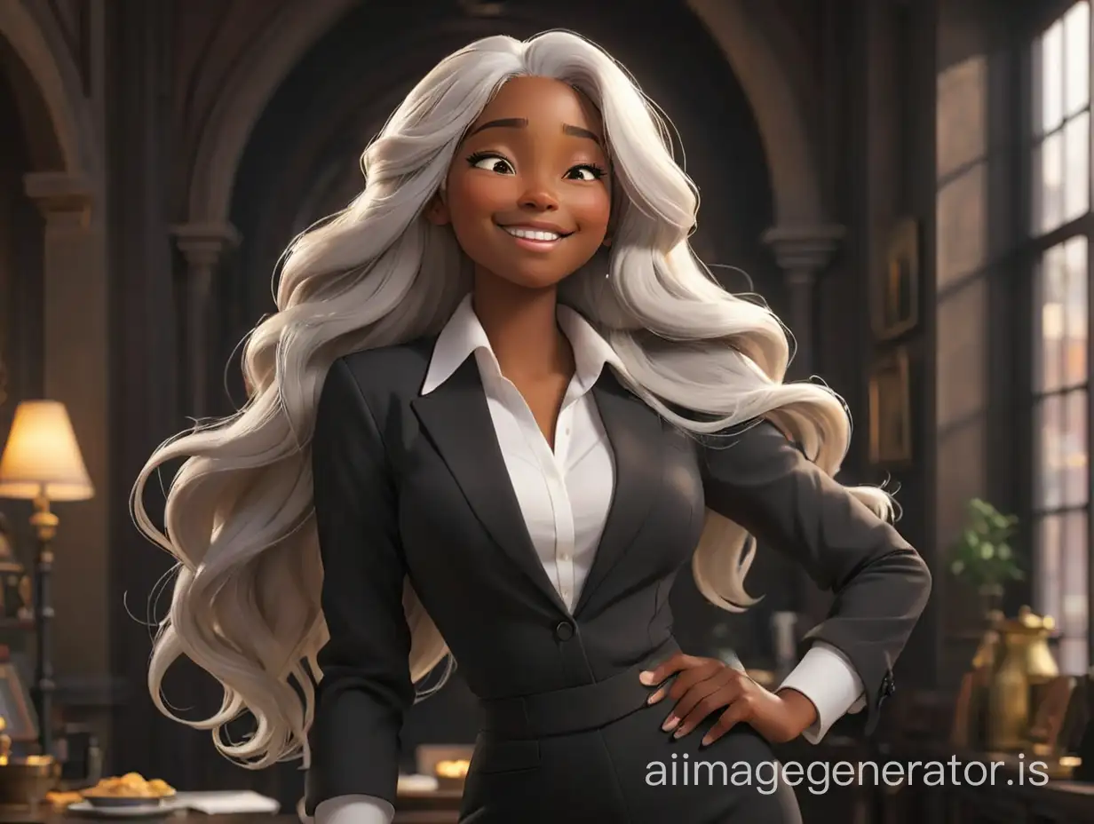 Rapunzel, with dark skin, white hair, she Savoring bright bliss, at the peak of tender bliss, insanely happy, closed eyes,white shirt under the black suit, in a black business manager suit, wide hips, hourglass figure, three angles,