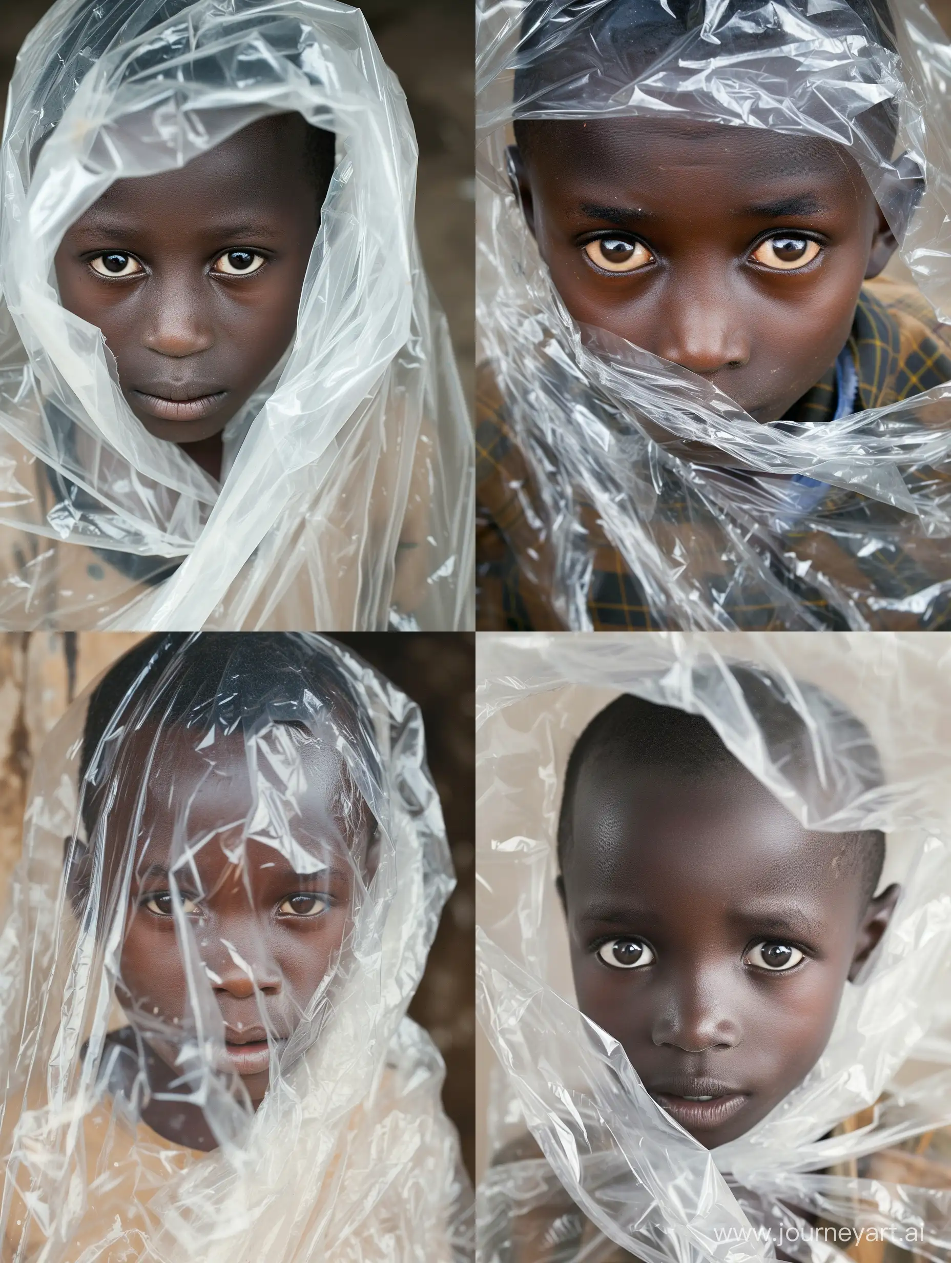 African boy covered under a clear sheet of plastic bag