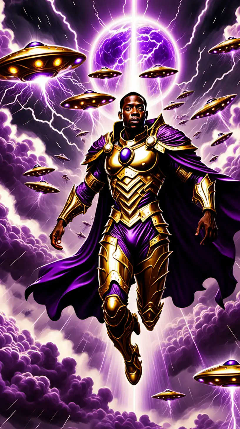AfricanAmerican Warrior Soaring in Majestic Purple and Gold Armor Amidst Thunder Clouds with UFOs