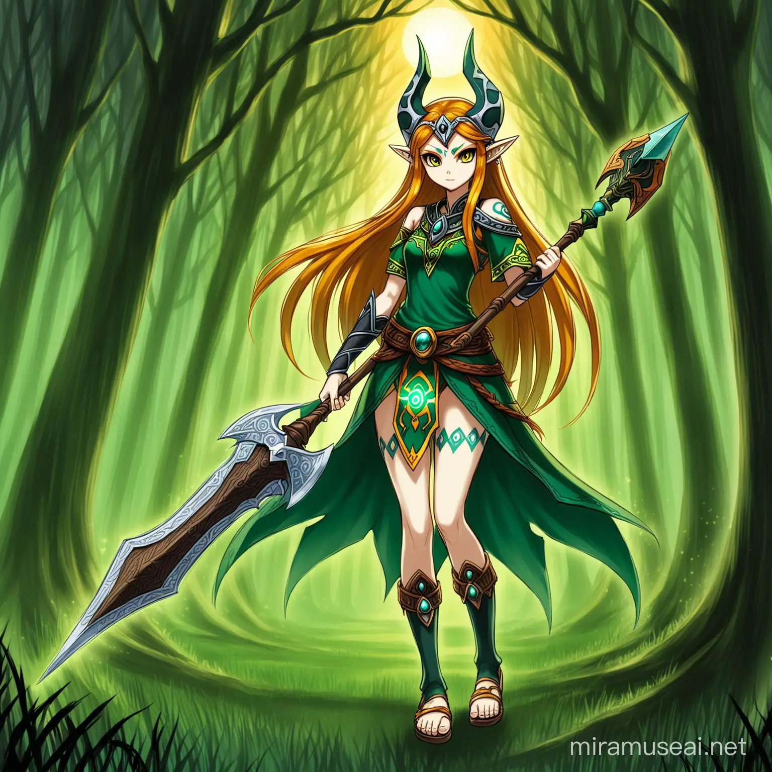 Make a drawing of human Midna from Zelda Twilight Princess. She holds a halberd on her shoulder and cast a spell with her other hand. There is a haunted forest and shadows in the background.