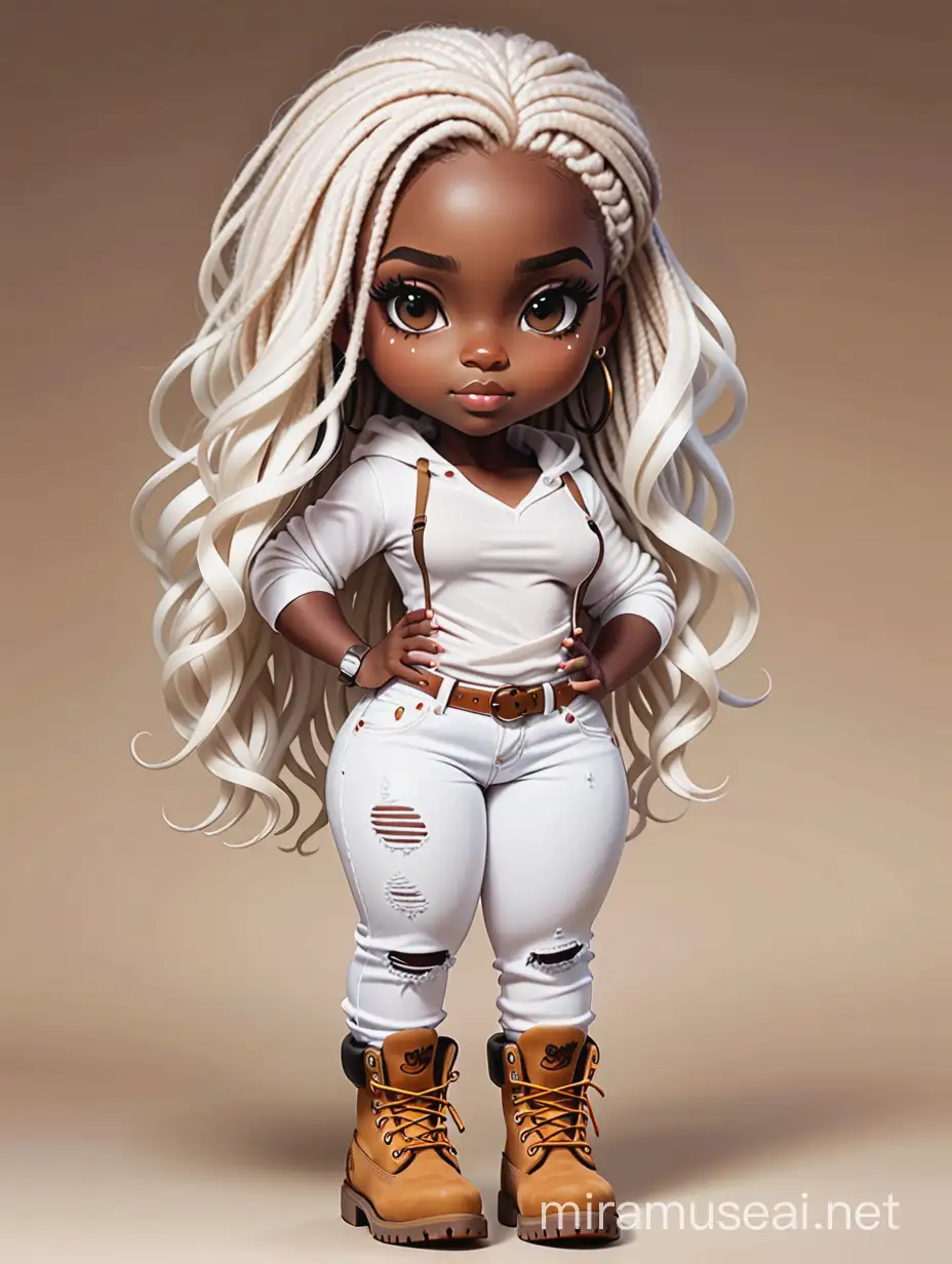 Expressive Oil Painting Curvy DarkSkinned Black Woman in Stylish White Jean Outfit with Timberland Boots and Detailed Dreadlocks