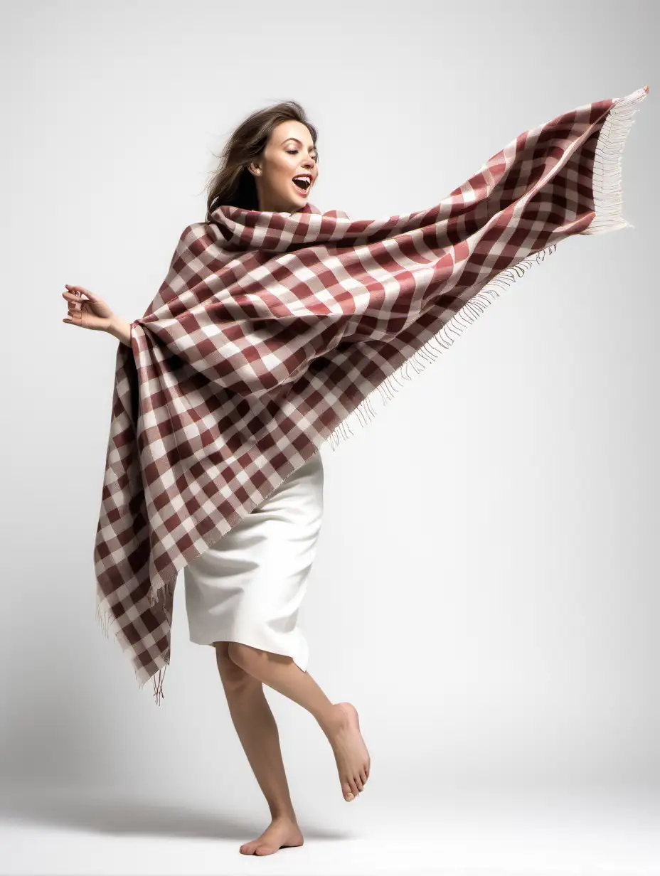 a chekered shawl being thrown, white background, 