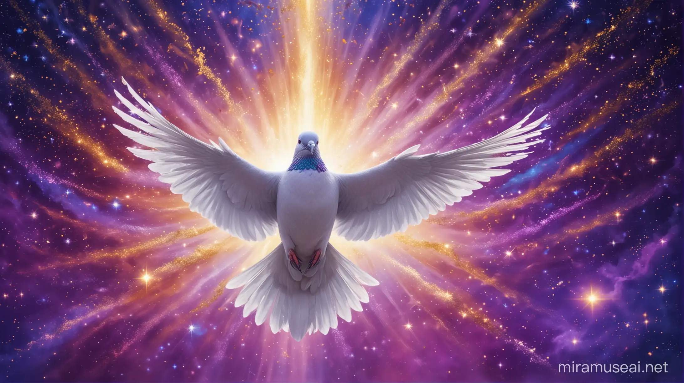 KRoyal blue background and violet, rays of light. Nebula and stardust. A pearly white dove flies. The pigeon emits bright energy into the environment. Gold and silver glitter in the dove's feathers. Fiery flames glow from behind the dove.