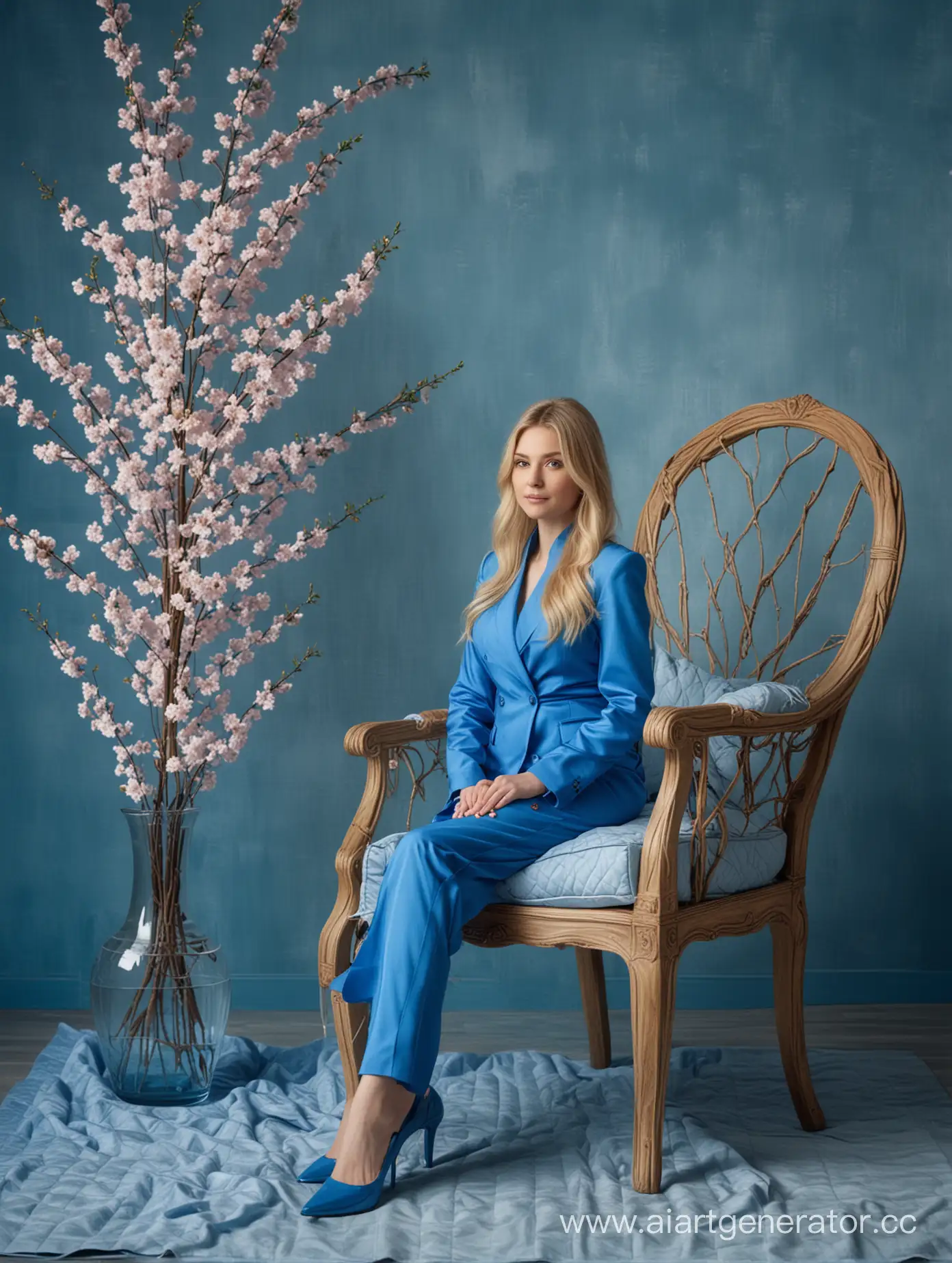 Blonde-Woman-in-Blue-Pantsuit-Sitting-in-Sakurathemed-Room