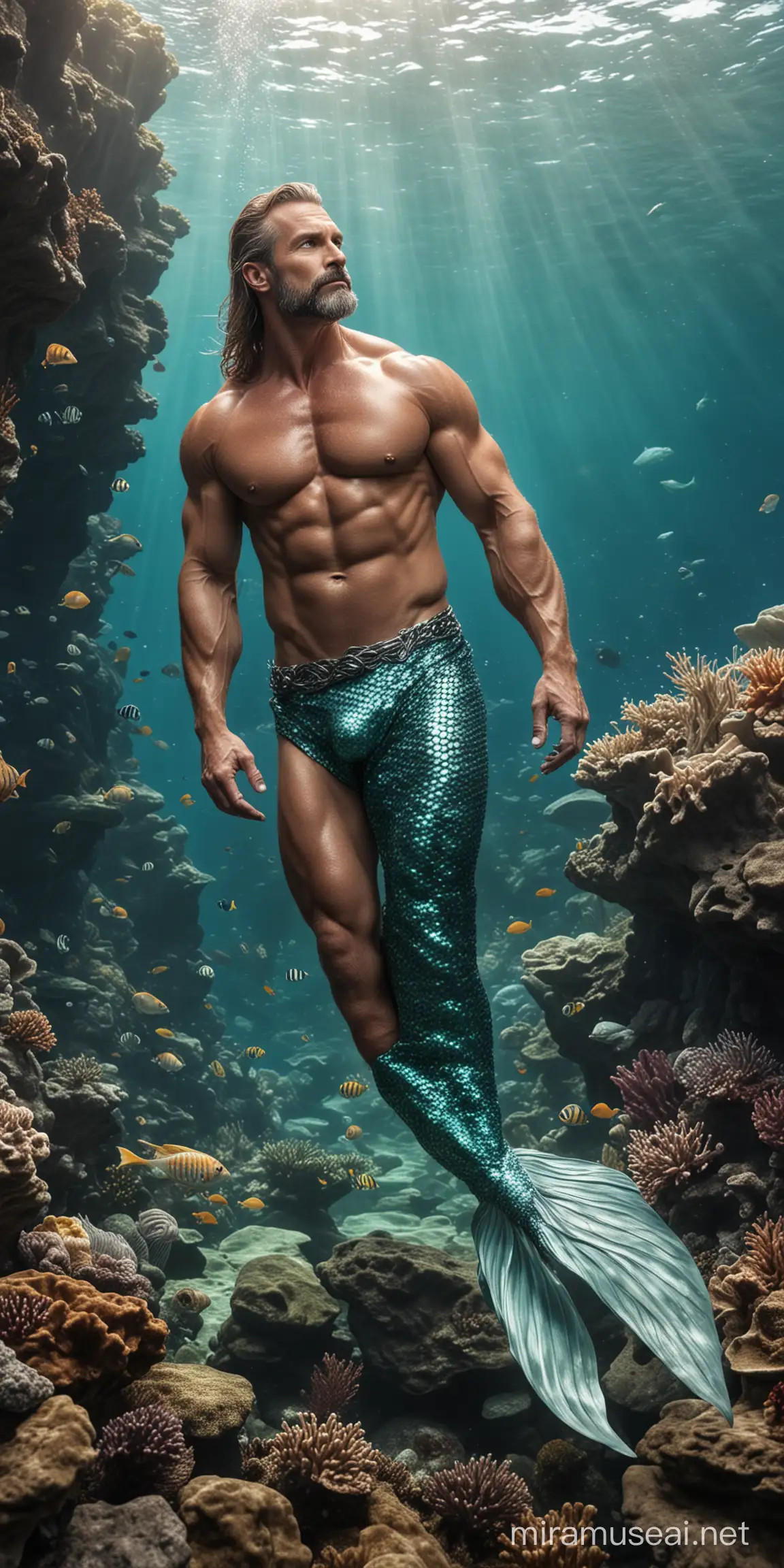 Mature muscular male mermaid on a rock under the sea with sealife