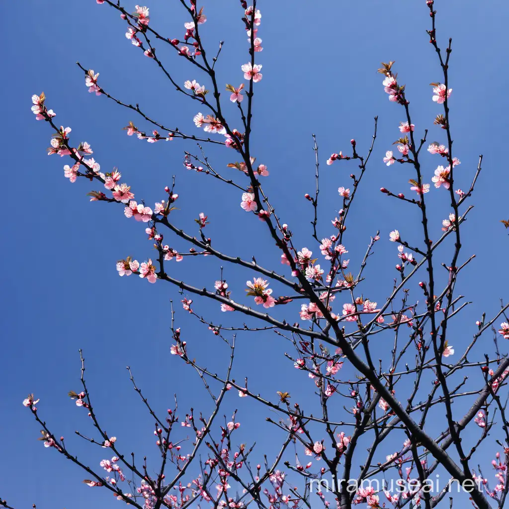 Pink Plum Blossoms on Long Branches with Blue Sky Background