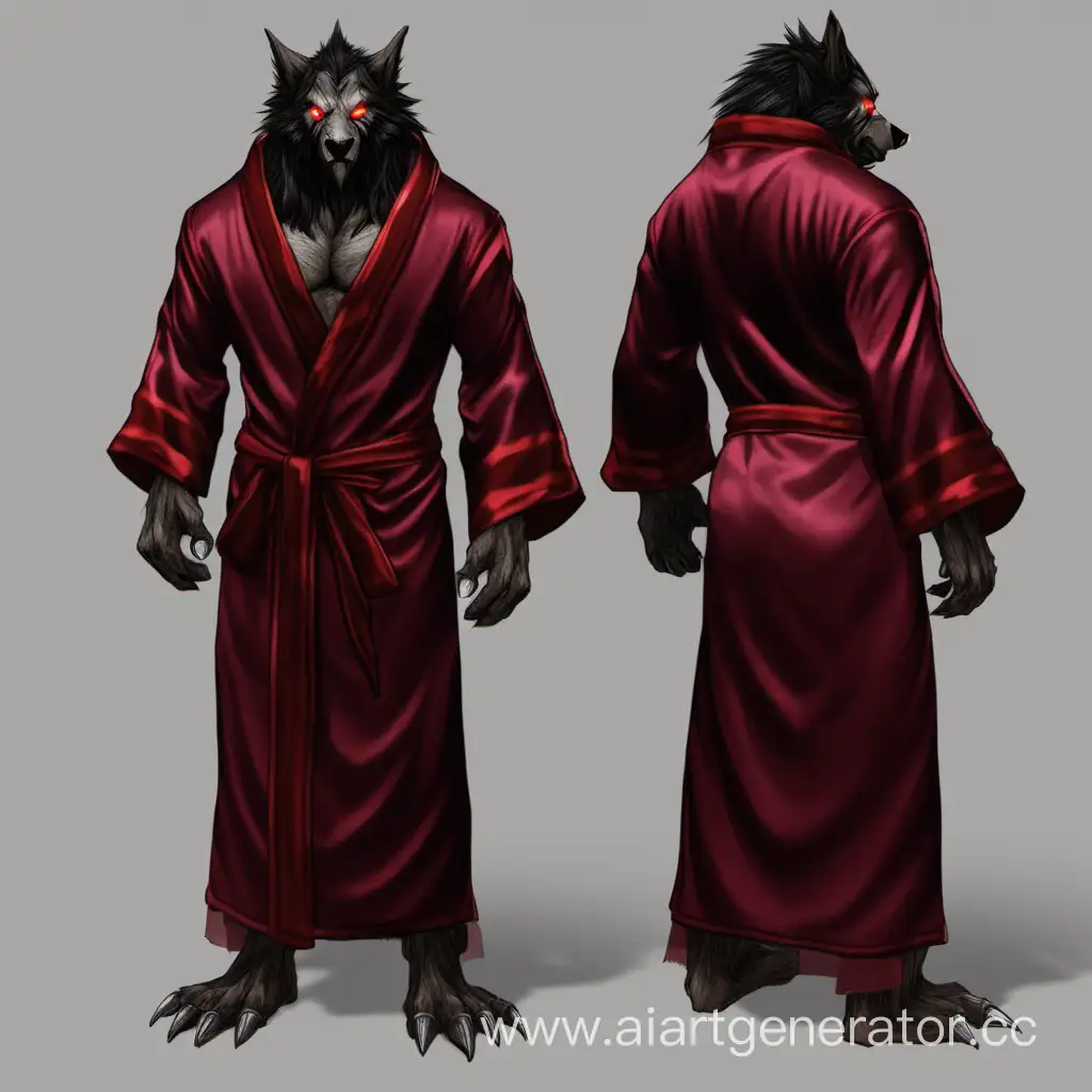 Generate me a picture of a black red-eyed male worgen from world of warcraft wearing a maroon silken bath robe