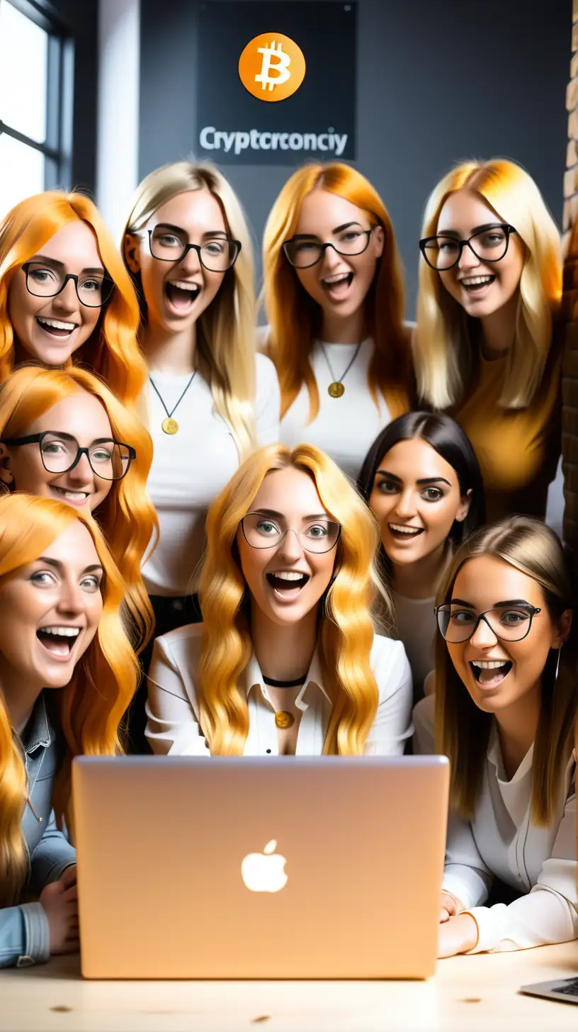 a group of 30-year-old females learning about cryptocurrency and blockchain, and happy to learn