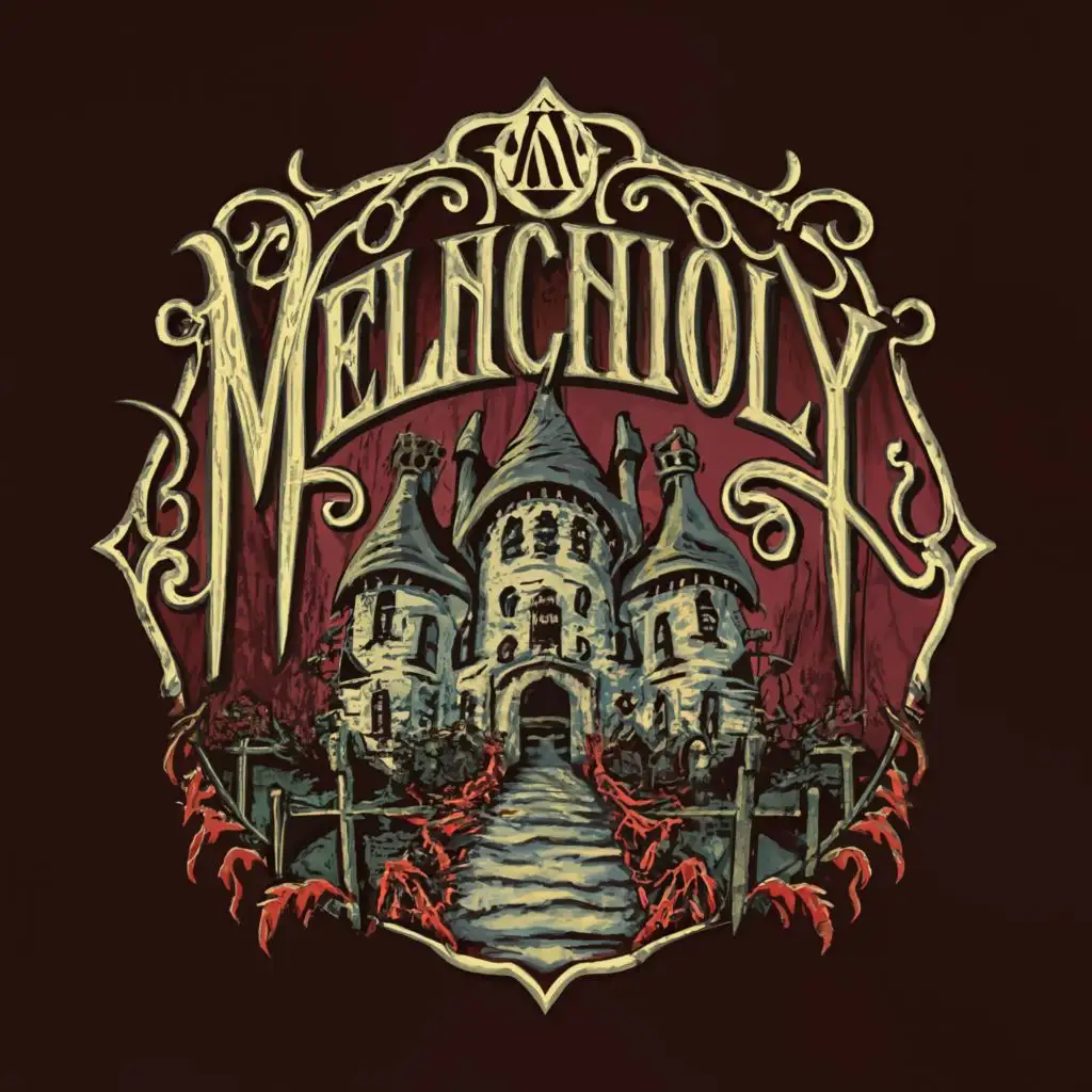 a logo design,with the text "Melancholy Manor", main symbol:Haunted House & graveyard,complex,clear background