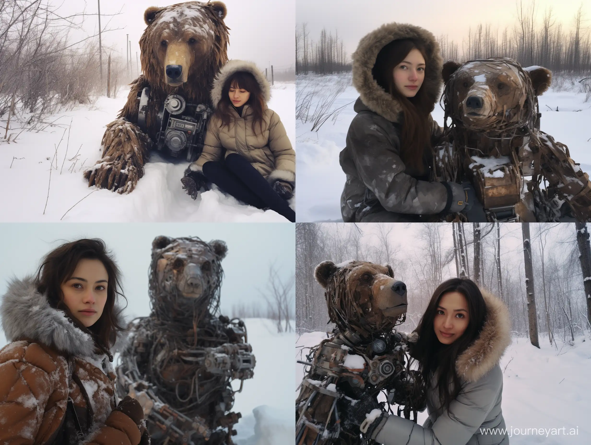 Айлин и робот-медведь зимой в Сибири настоящие реализм фотокачество