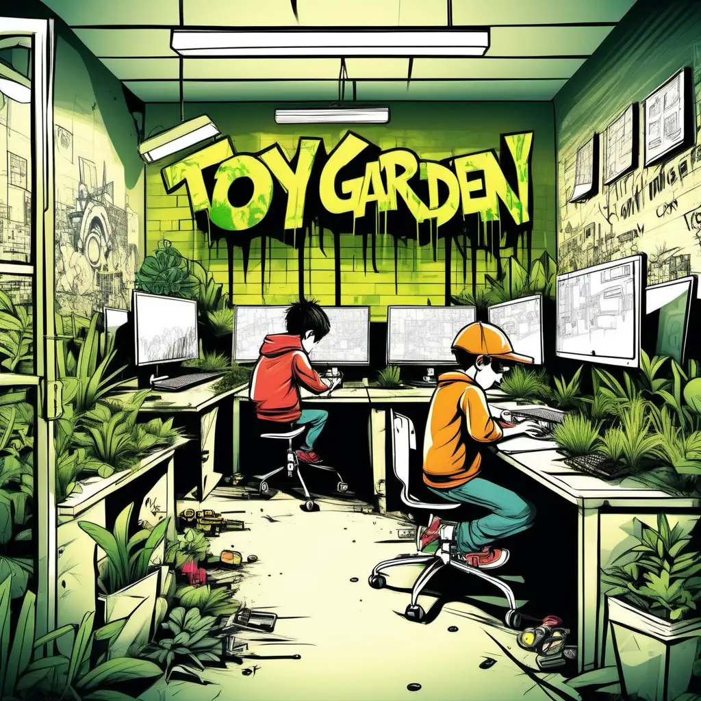 Children hackers working on laptops in a office with garden-themes cubicles filled with toys, the words “toy garden” written on the wall in graffiti-style font, simple, minimalist