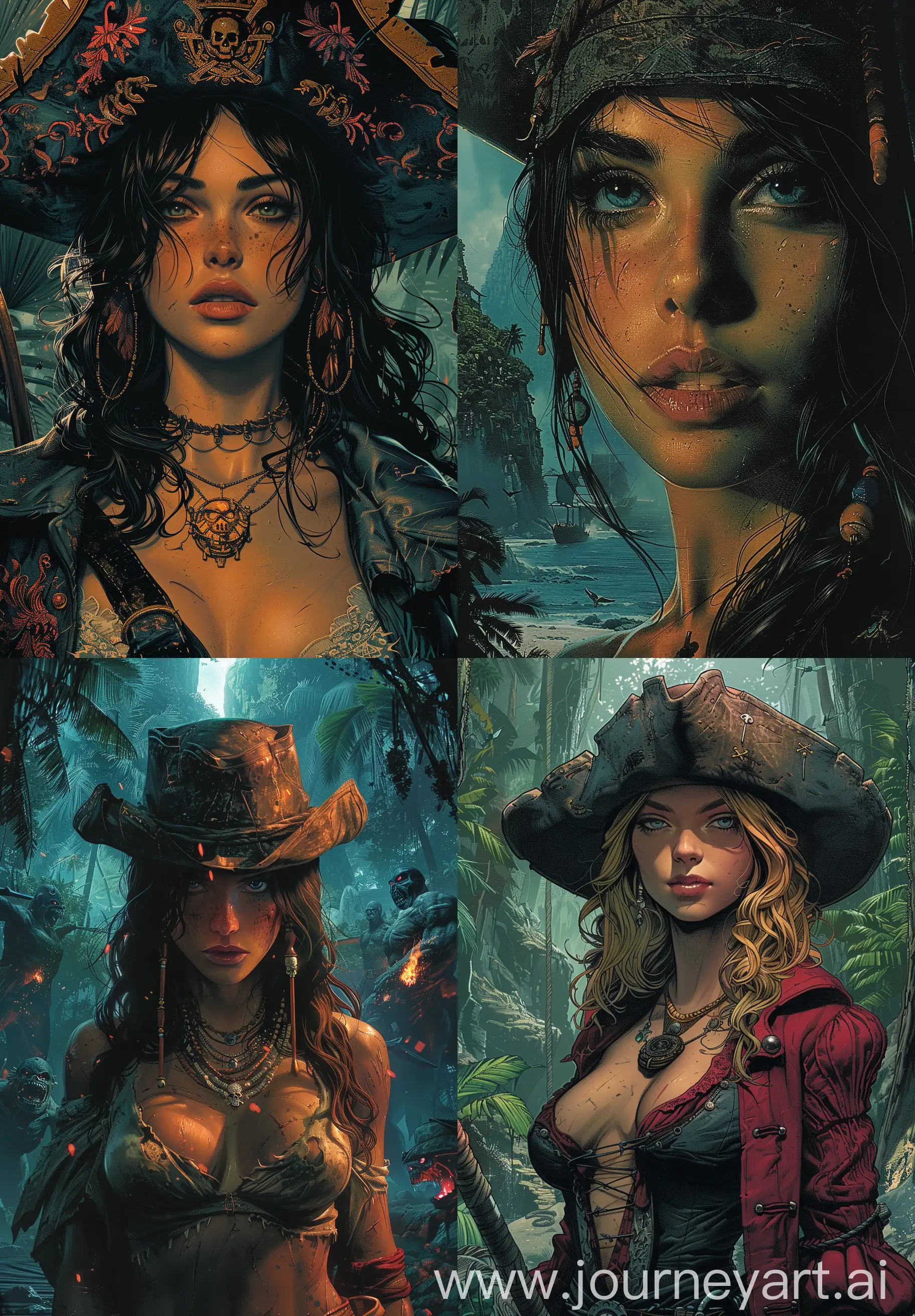The journey of a pirate gang led by a beautiful and brave female captain to the mysterious Skull Island in search of treasure, intricate details, Jim Lee style, comic book cover style,, --ar 9:13 --v 6.0 --s 500