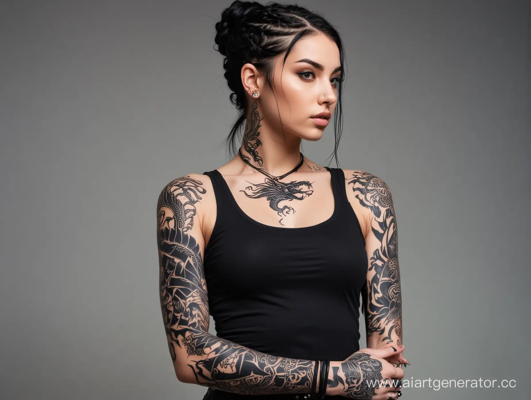 Девушка с черными волосами, волосы идут косичкой по голове аккуратно собраны, в черной футболке с разгрузкой, на руках татуировки, левая рука забита тату полностью черным, на правой руке татуировка дракона 