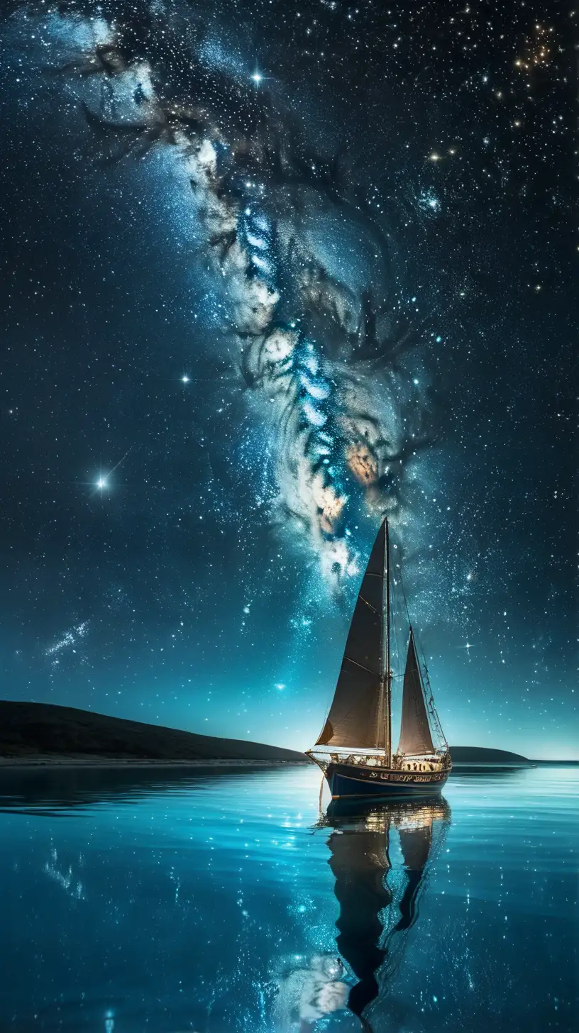 Starry Night Ocean with Serene Boat Sailing