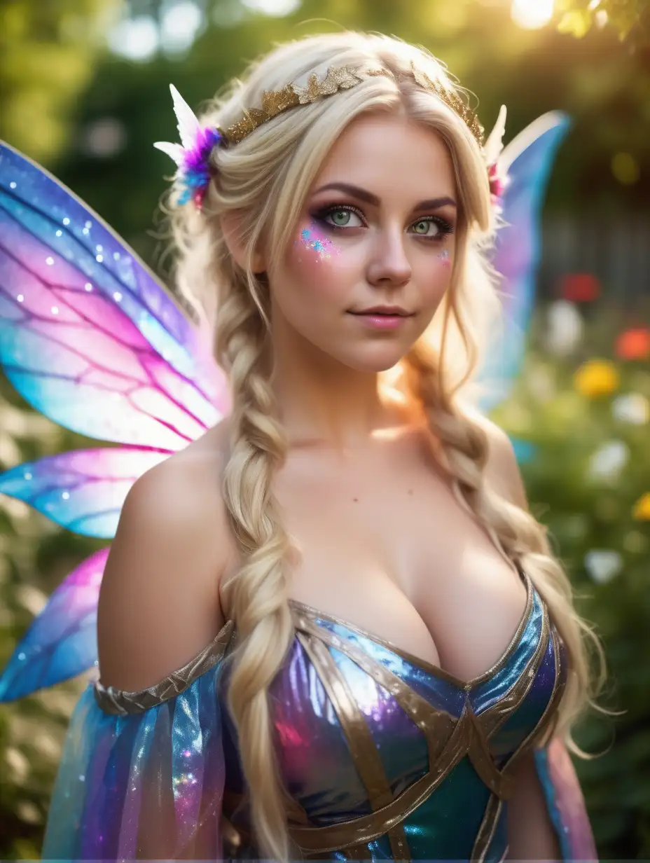 Beautiful Nordic woman, very attractive face, detailed eyes, big breasts, dark eye shadow, messy blonde hair, wearing a female fairy cosplay costume, colourful wings, glitter on cheeks,  colourful open front loose dress, close up, bokeh background, soft light on face, rim lighting, facing away from camera, looking back over her shoulder, standing in giant garden, photorealistic, very high detail, extra wide photo, full body photo, aerial photo