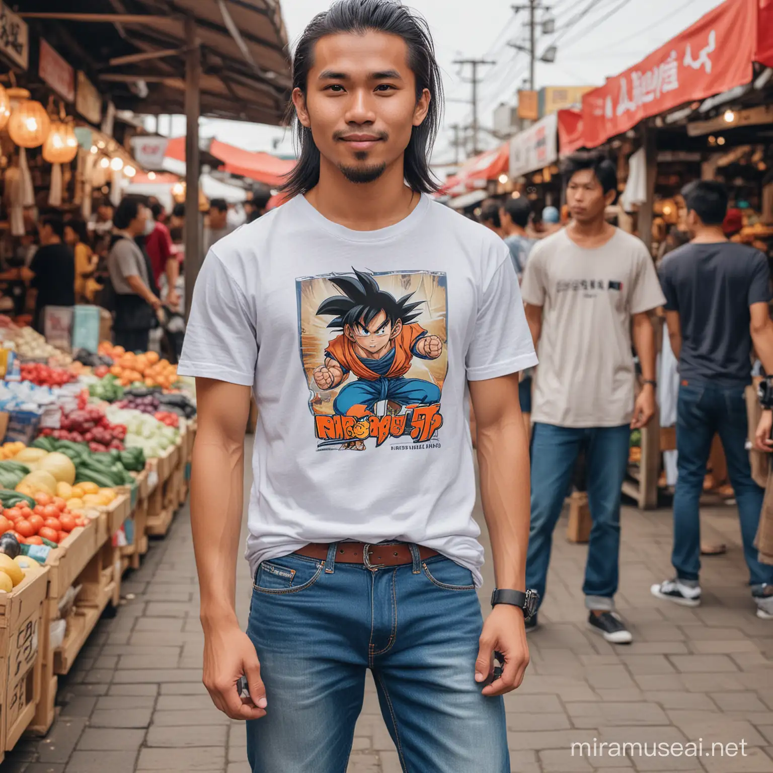 Friendly Indonesian Man in Anime Goku TShirt at Traditional Market