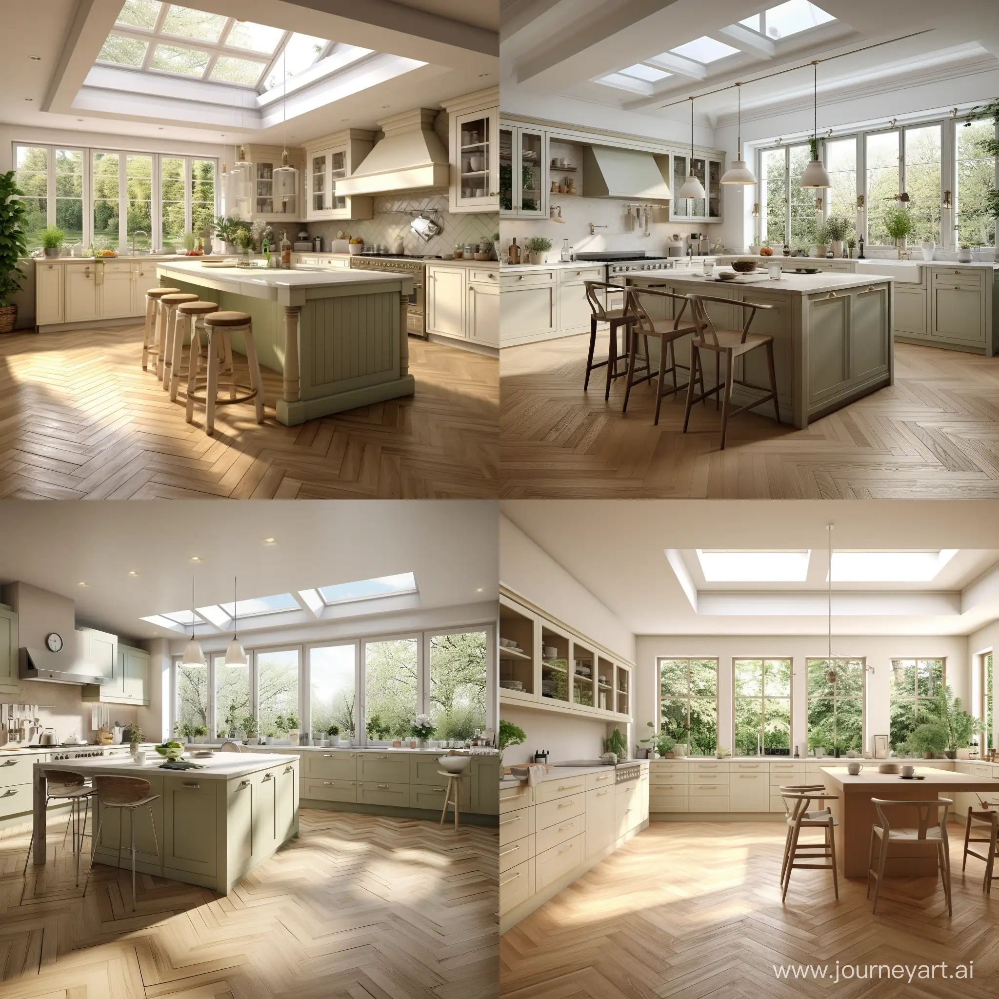 cucina grande stile moderno con due finestre giardino colori salvia beige avorio parquet chiaro