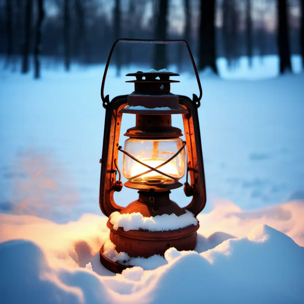 old oil lamp with flame standing in snow, forest snow scenery, ambient night light