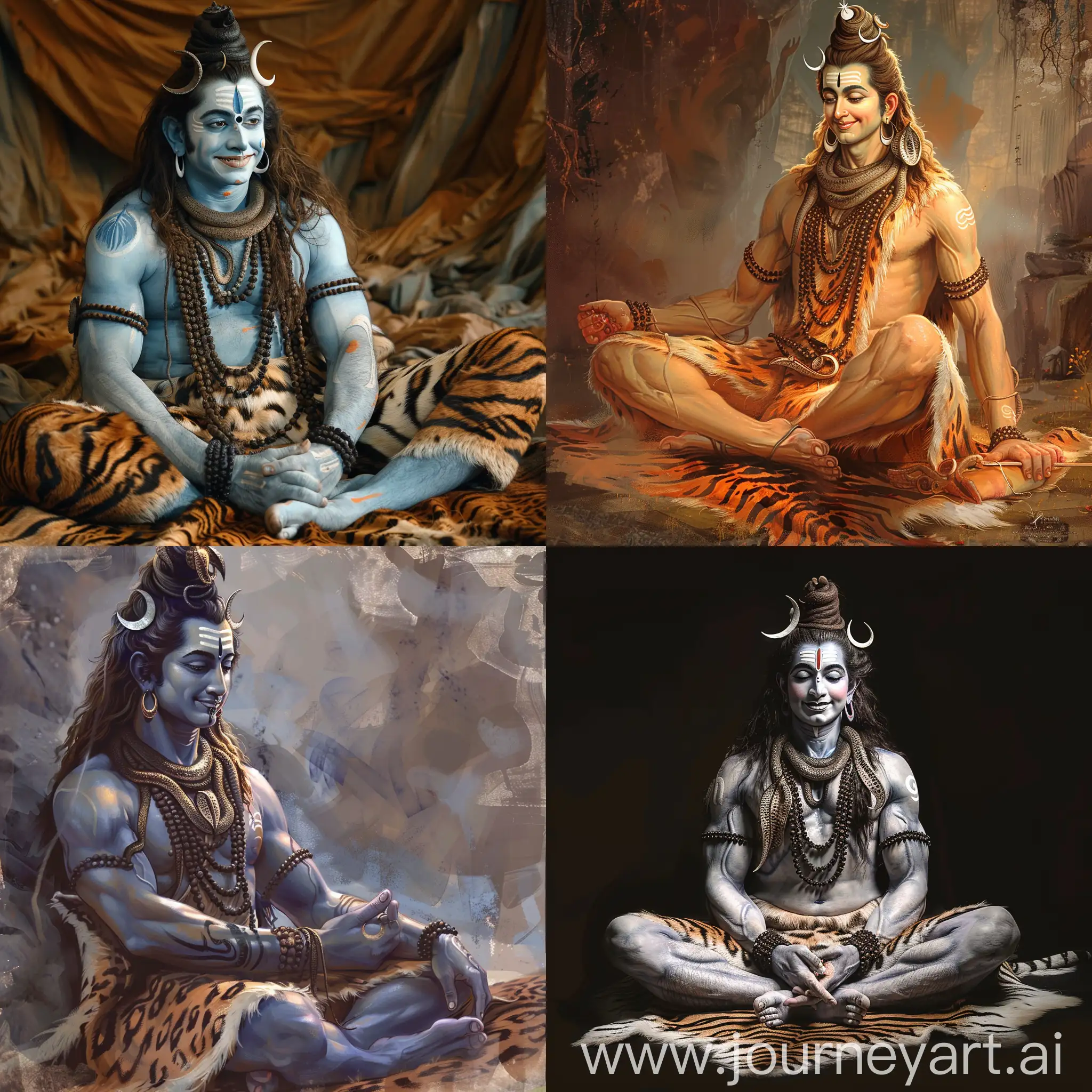 Lord Shiva in entrance smile as sitting on tiger skin relaxed and peaceful mood half shaded face