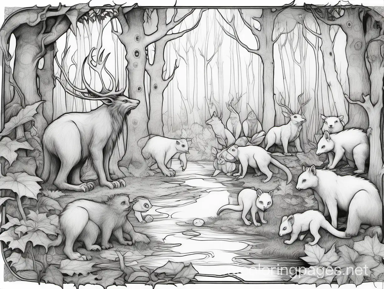 ink outline sketch, fantasy animals in a forest,  Jean Baptiste Monge,    highly detailed,  no shading, Coloring Page, black and white, line art, white background, Simplicity, Ample White Space. The background of the coloring page is plain white to make it easy for young children to color within the lines. The outlines of all the subjects are easy to distinguish, making it simple for kids to color without too much difficulty
