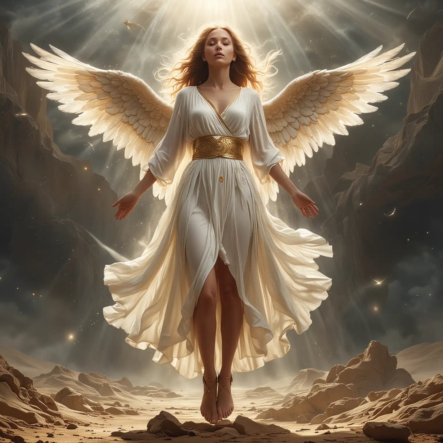 Perfect pretty ethereal whole body Guardian angel hovering above ground in mysterious vast otherworldly inner earth, whole body, perfect mysterious face, long decent angel dress, golden angel belt, perfect legs, perfect feet and toes, perfect hands and fingers, photorealistic digital art.