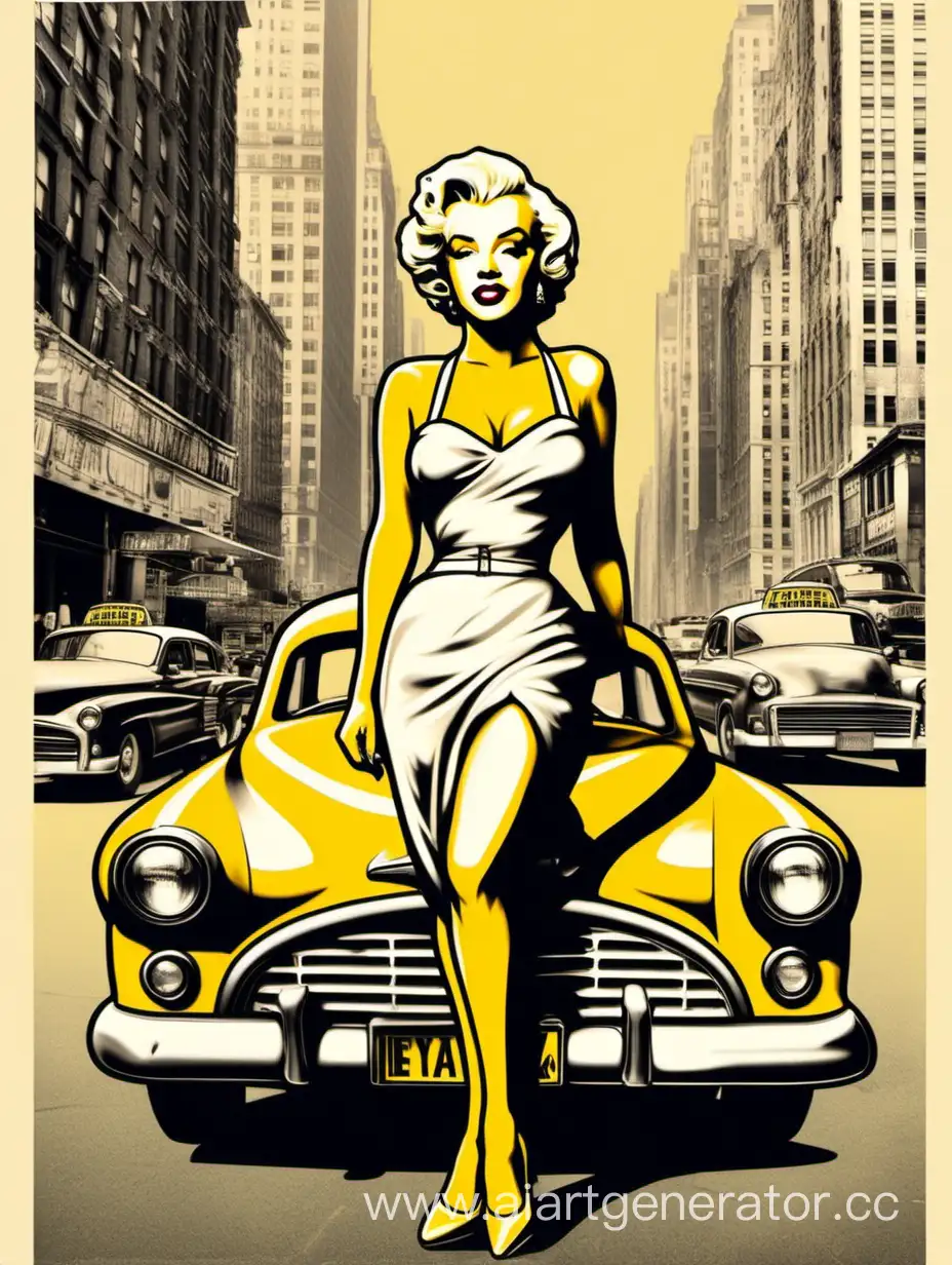 Marilyn Monroe french Pin up girl full body posture against  a NY yellow taxi behind it NY City vintage 
style logo design  